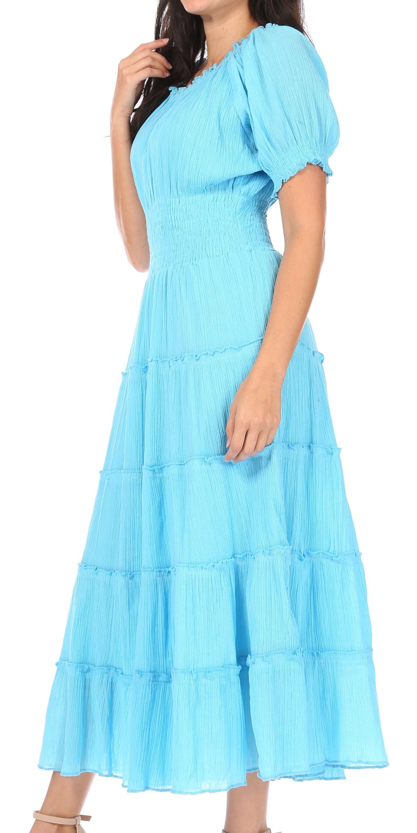 Sakkas Cotton Crepe Smocked Peasant Gypsy Boho Renaissance Mid Length Dress - Concordia Style Boutique