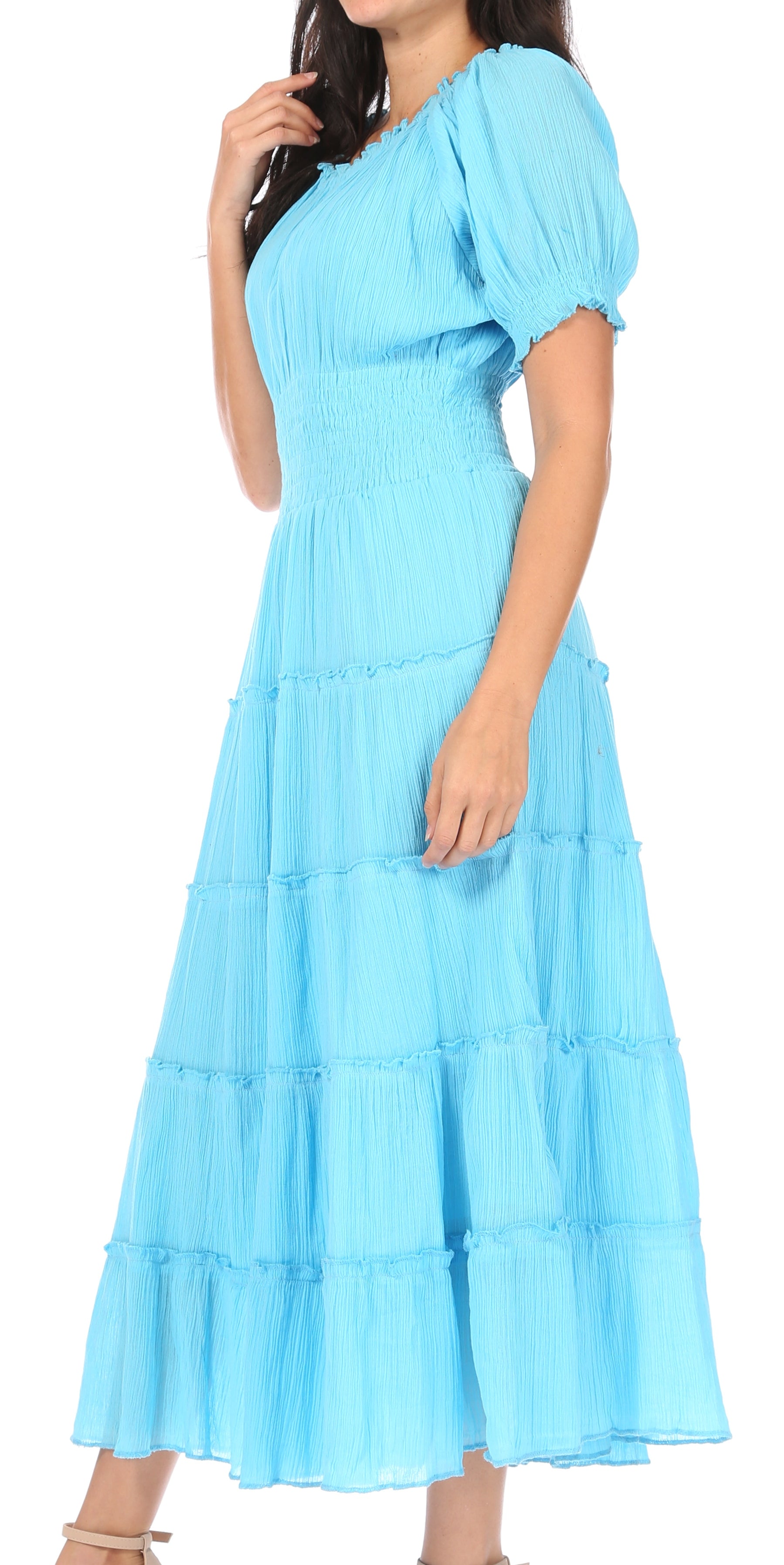 Sakkas Cotton Crepe Smocked Peasant Gypsy Boho Renaissance Mid Length Dress - Concordia Style Boutique