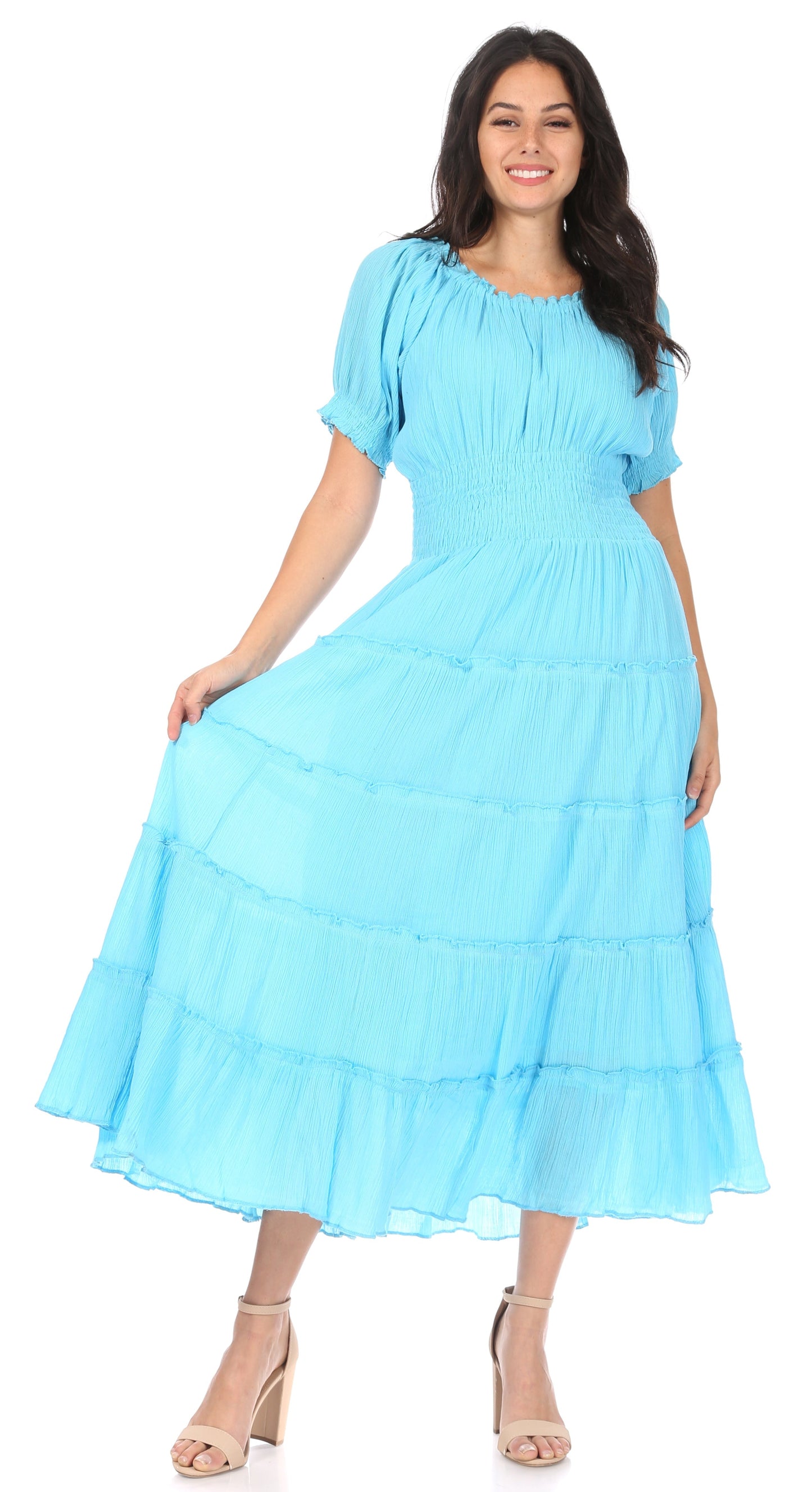 Sakkas Cotton Crepe Smocked Peasant Gypsy Boho Renaissance Mid Length Dress - Concordia Style Boutique