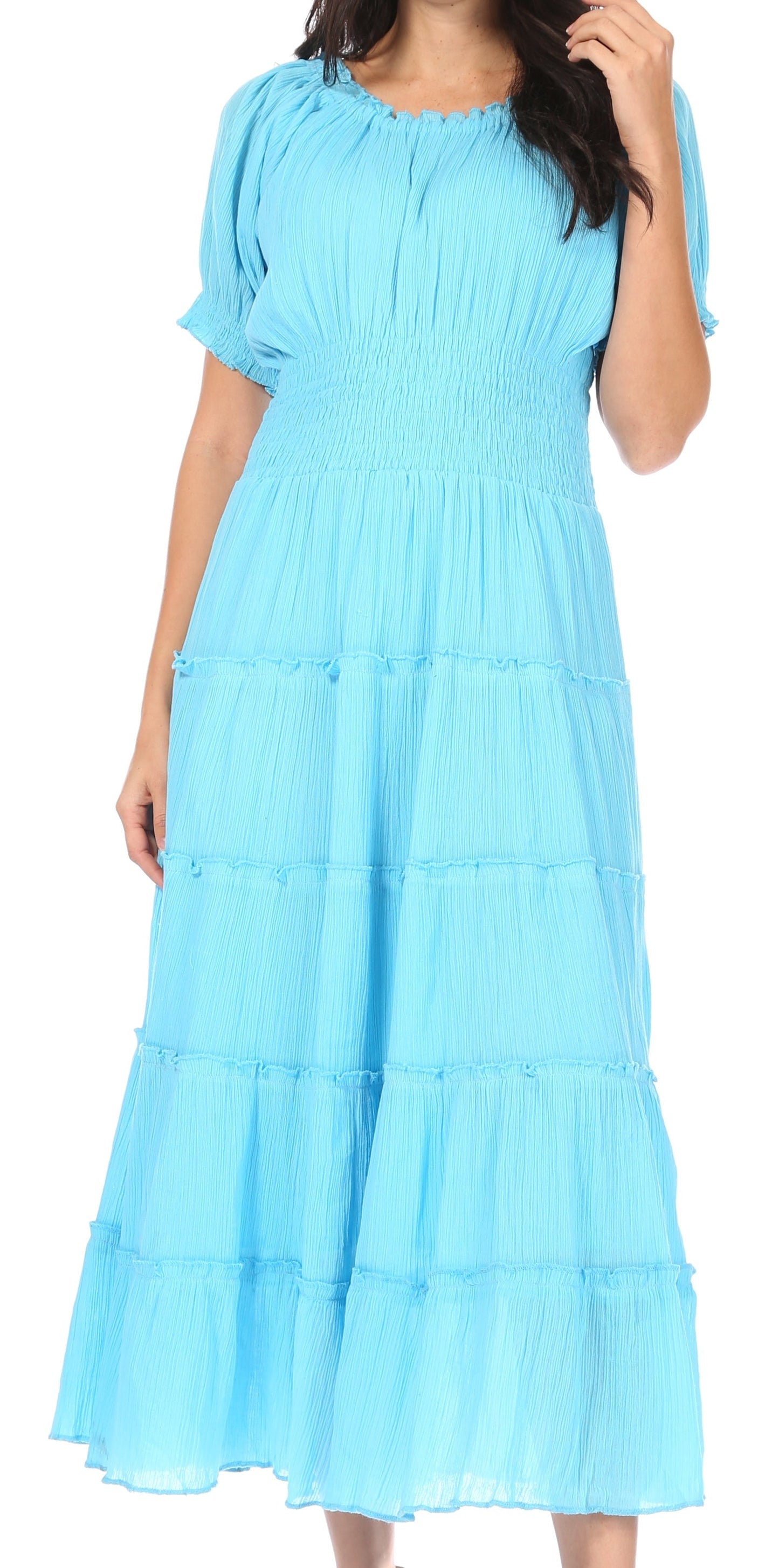 Sakkas Cotton Crepe Smocked Peasant Gypsy Boho Renaissance Mid Length Dress - Concordia Style Boutique