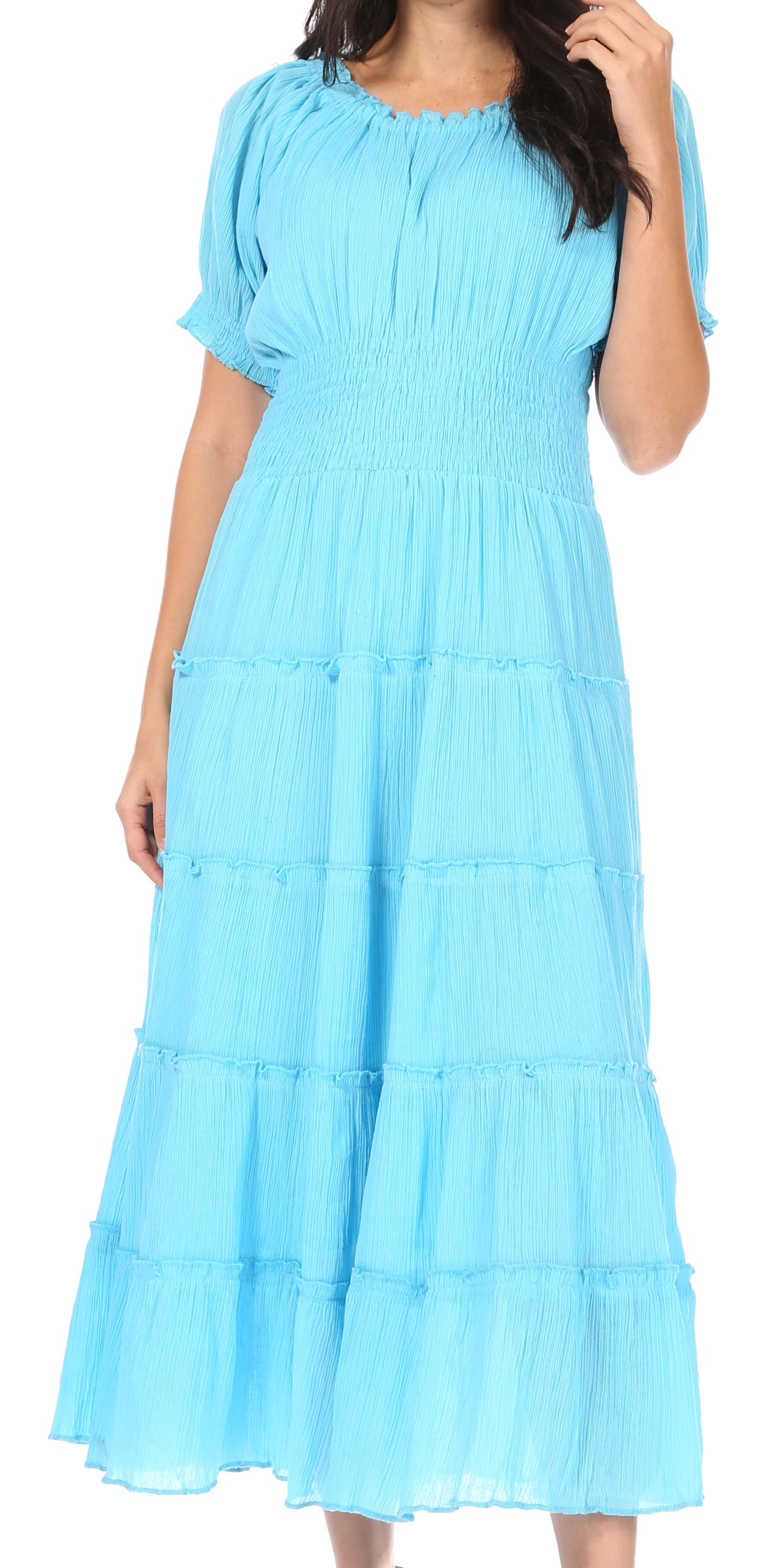 Sakkas Cotton Crepe Smocked Peasant Gypsy Boho Renaissance Mid Length Dress - Concordia Style Boutique