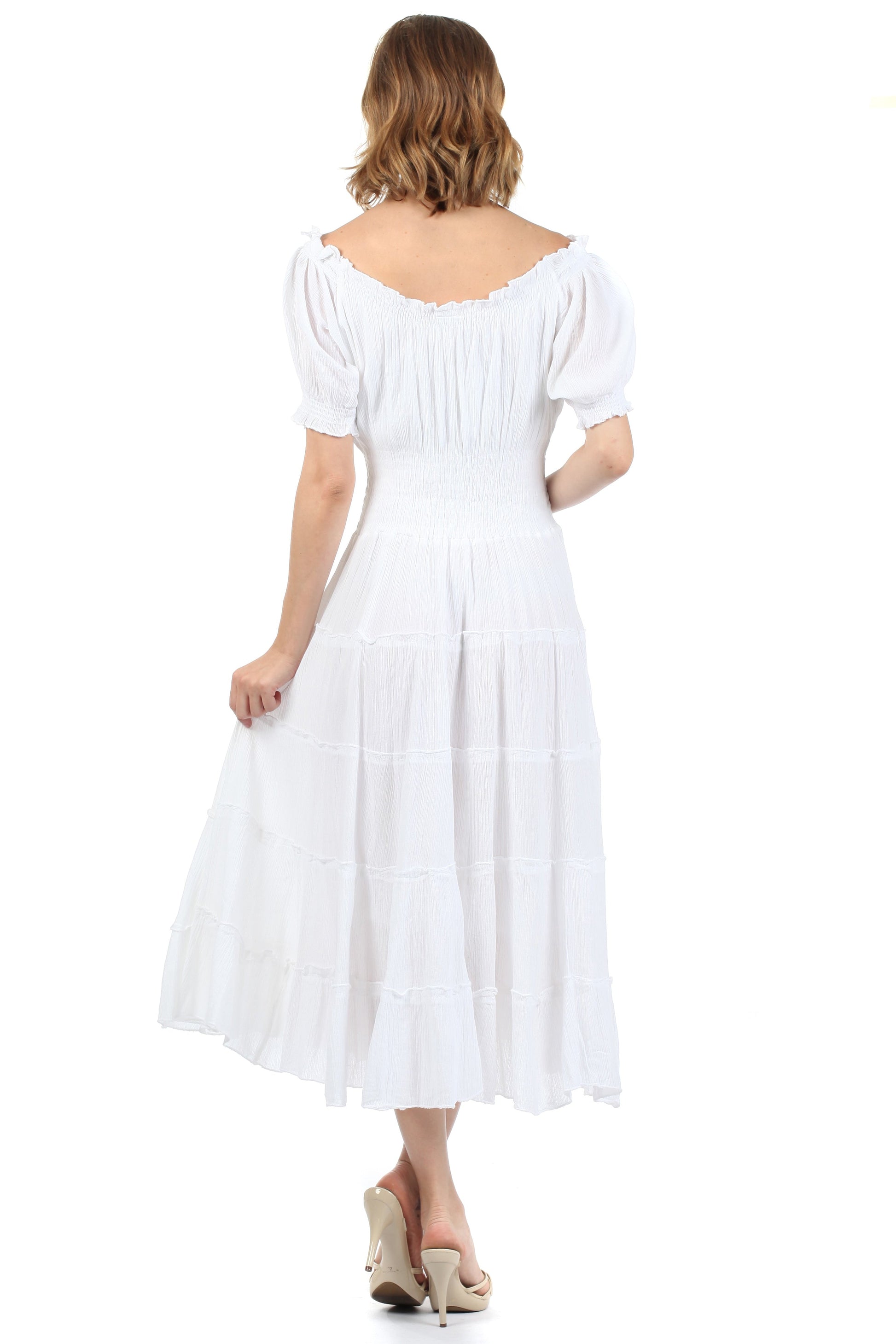 Sakkas Cotton Crepe Smocked Peasant Gypsy Boho Renaissance Mid Length Dress - Concordia Style Boutique