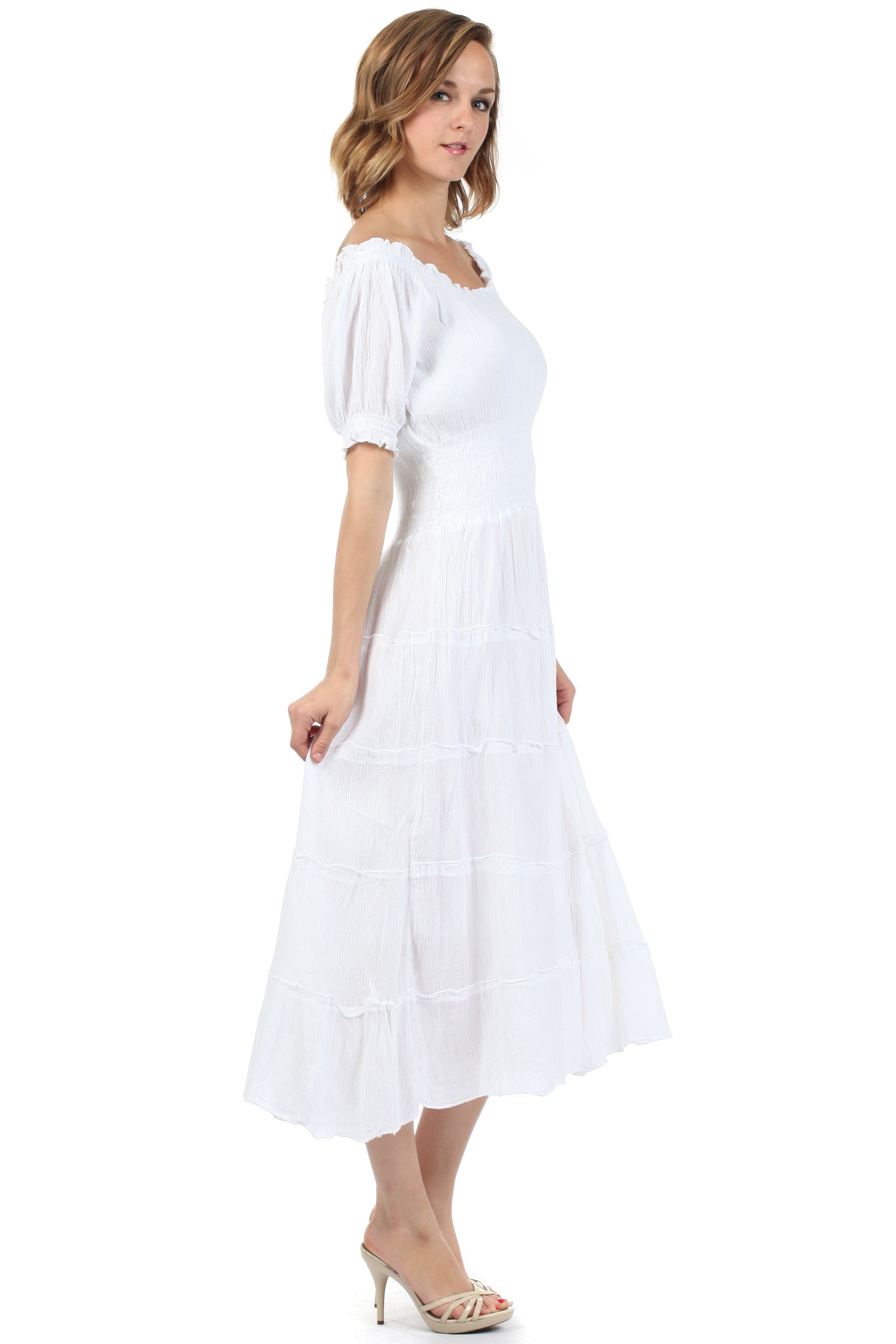 Sakkas Cotton Crepe Smocked Peasant Gypsy Boho Renaissance Mid Length Dress - Concordia Style Boutique