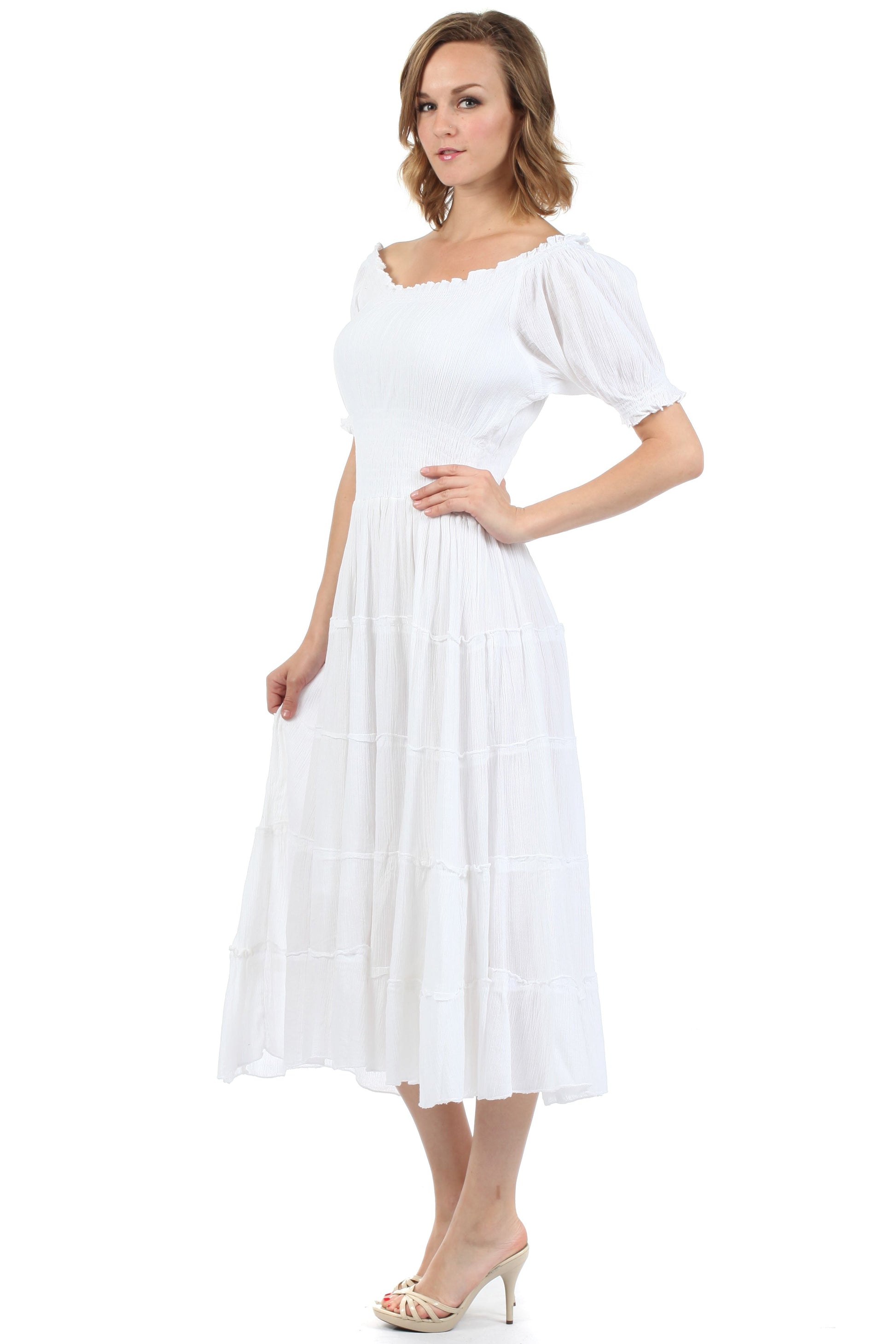 Sakkas Cotton Crepe Smocked Peasant Gypsy Boho Renaissance Mid Length Dress - Concordia Style Boutique