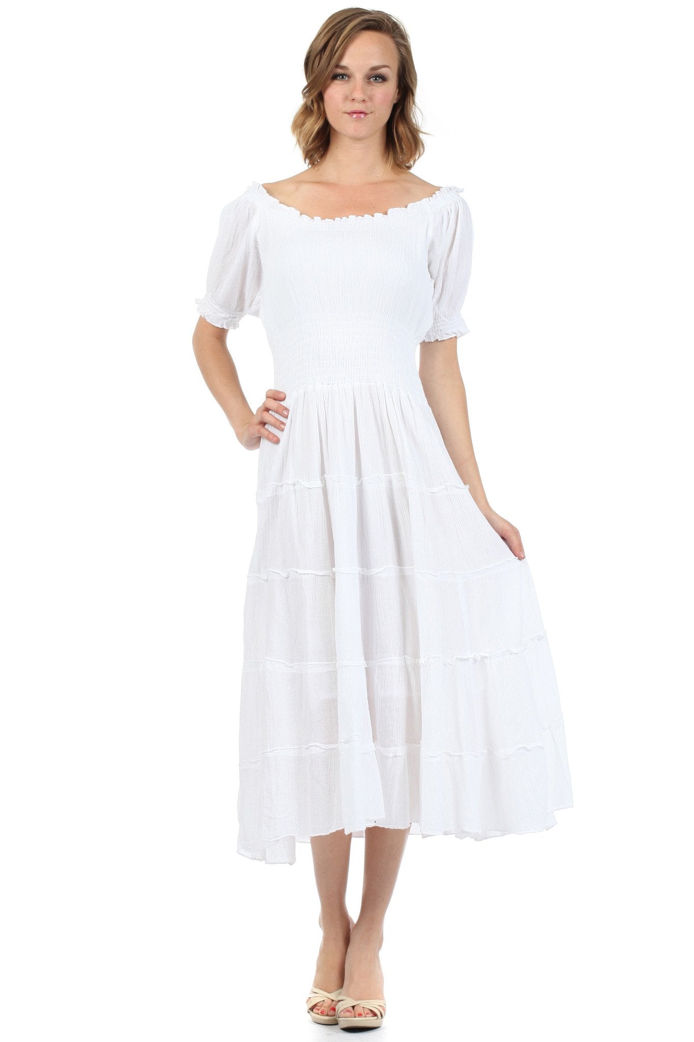 Sakkas Cotton Crepe Smocked Peasant Gypsy Boho Renaissance Mid Length Dress - Concordia Style Boutique