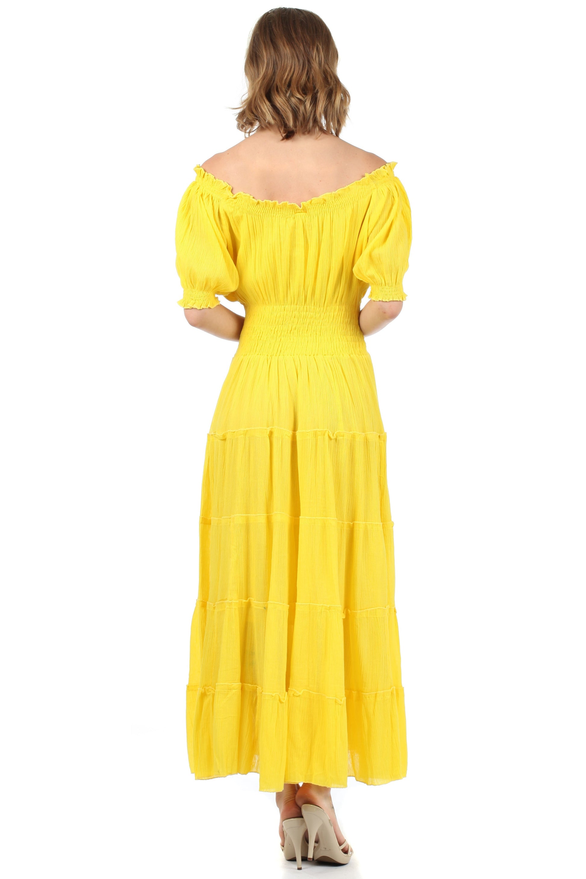 Sakkas Cotton Crepe Smocked Peasant Gypsy Boho Renaissance Mid Length Dress - Concordia Style Boutique