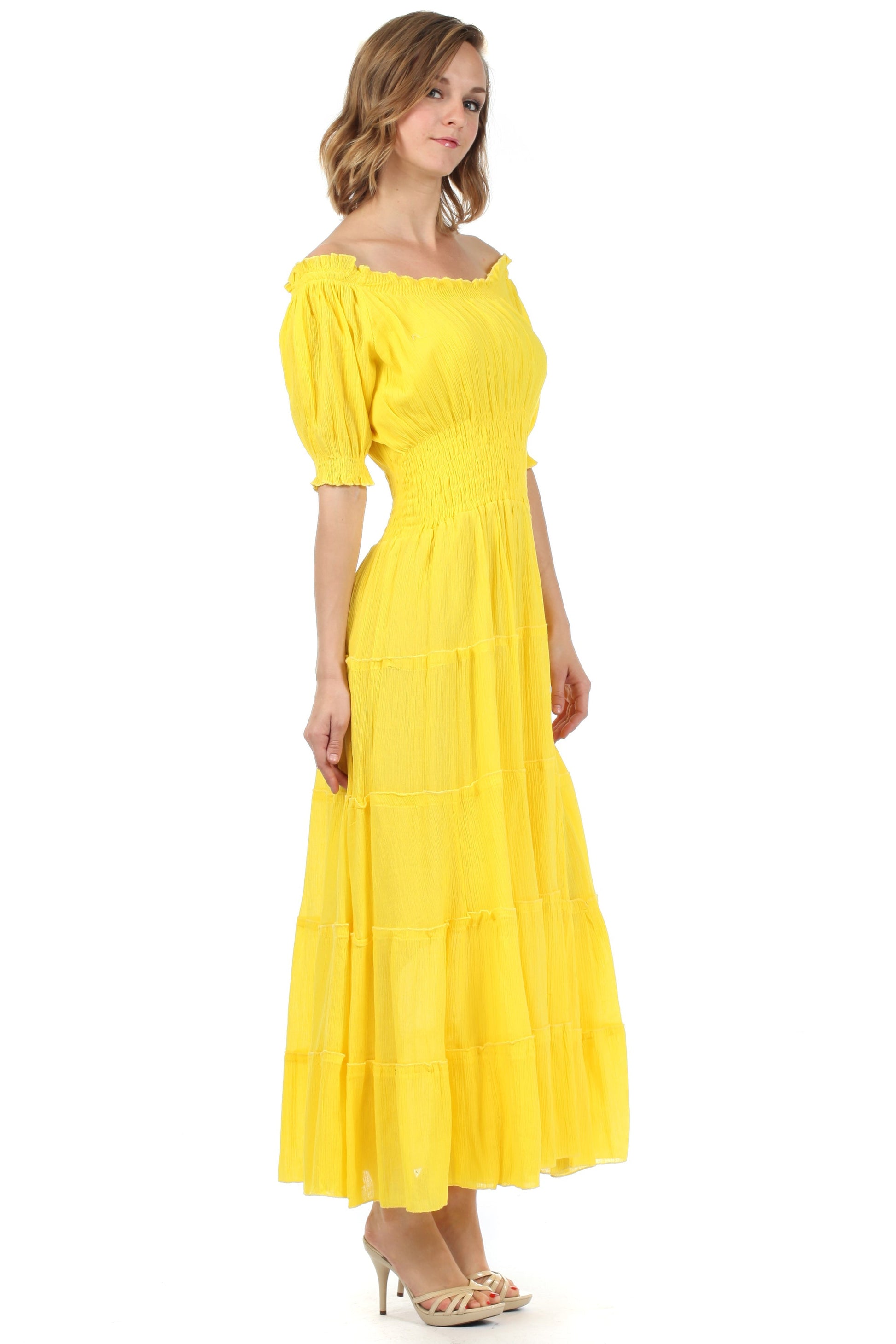 Sakkas Cotton Crepe Smocked Peasant Gypsy Boho Renaissance Mid Length Dress - Concordia Style Boutique