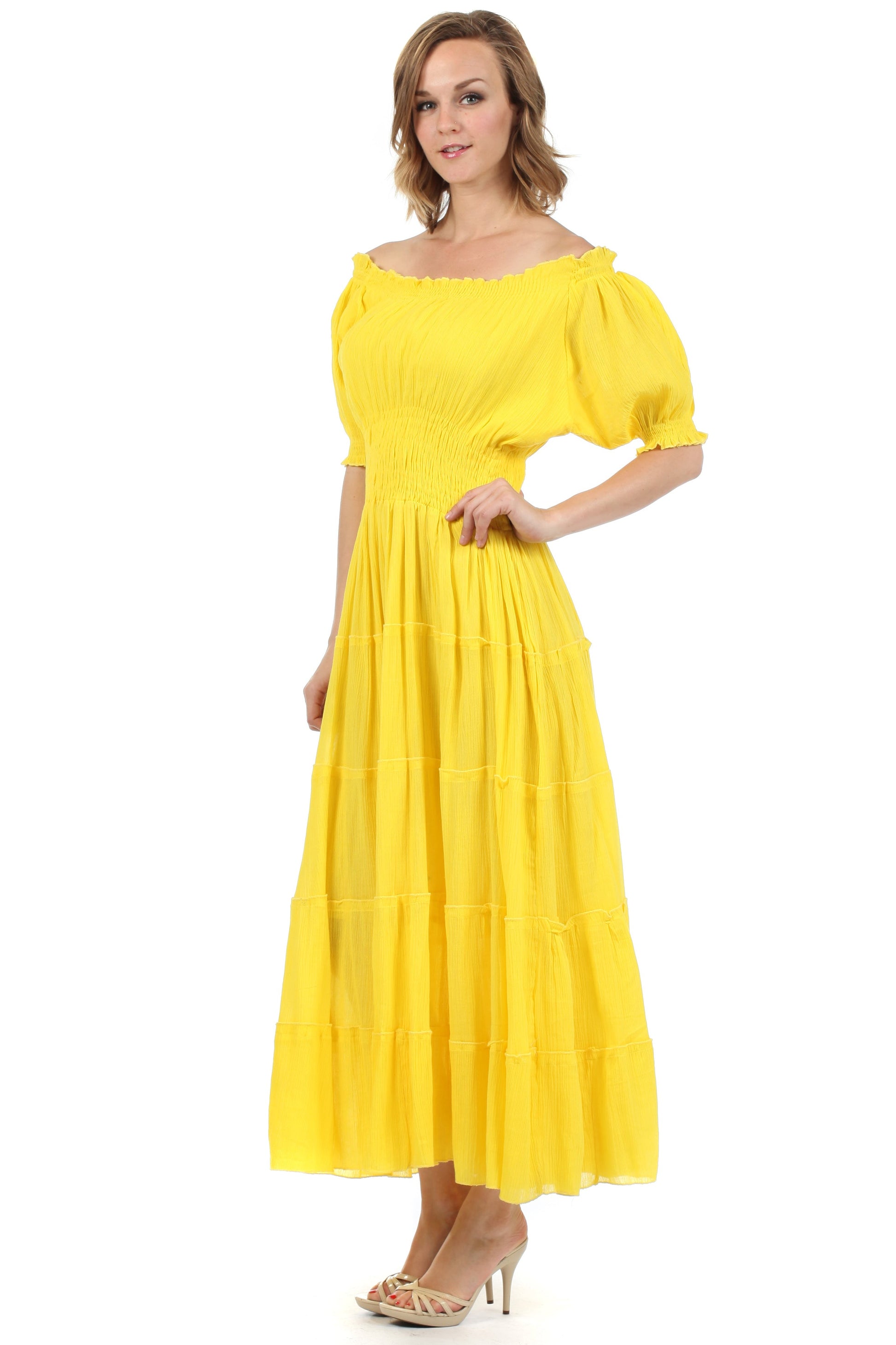 Sakkas Cotton Crepe Smocked Peasant Gypsy Boho Renaissance Mid Length Dress - Concordia Style Boutique