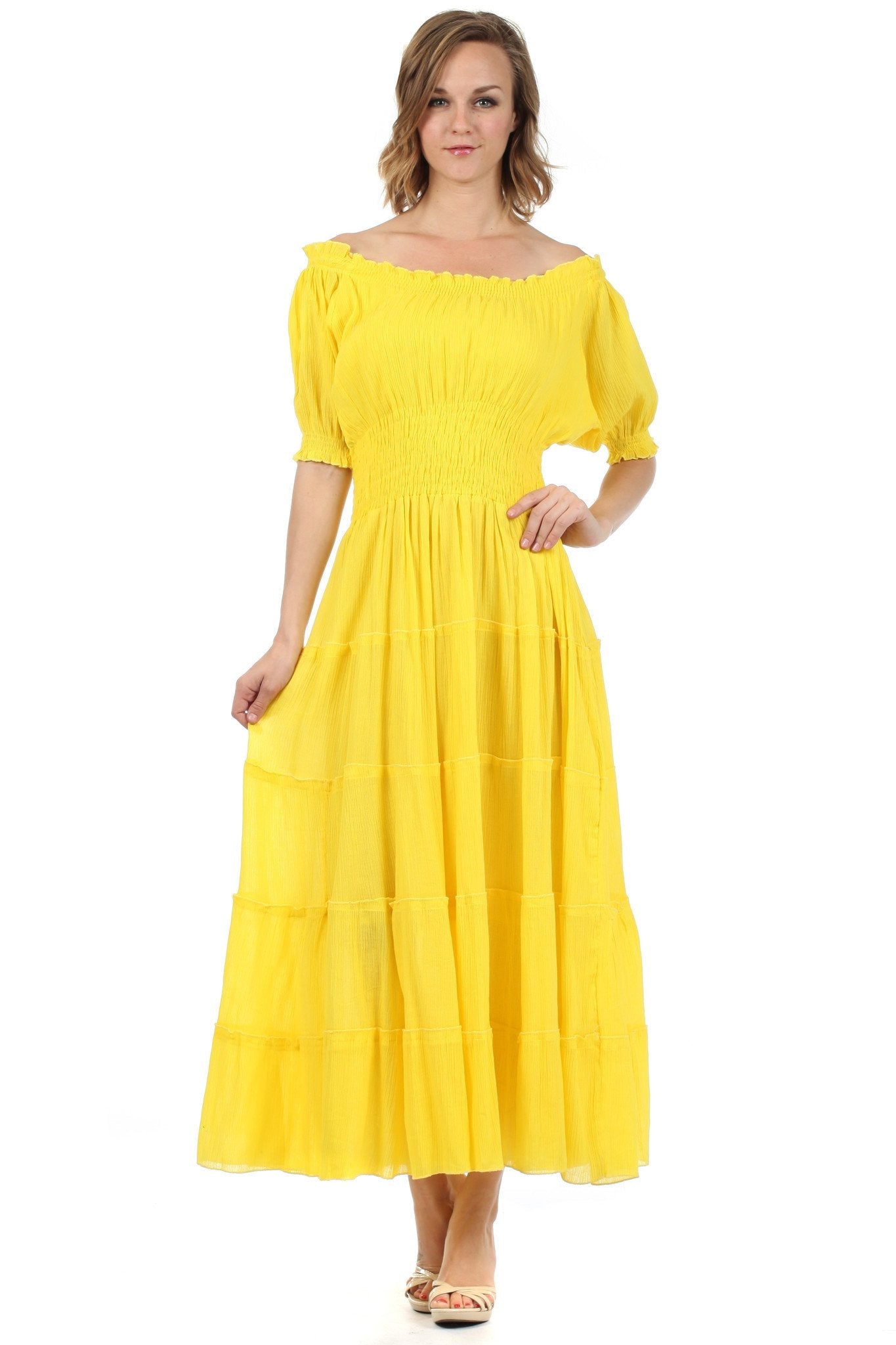 Sakkas Cotton Crepe Smocked Peasant Gypsy Boho Renaissance Mid Length Dress - Concordia Style Boutique
