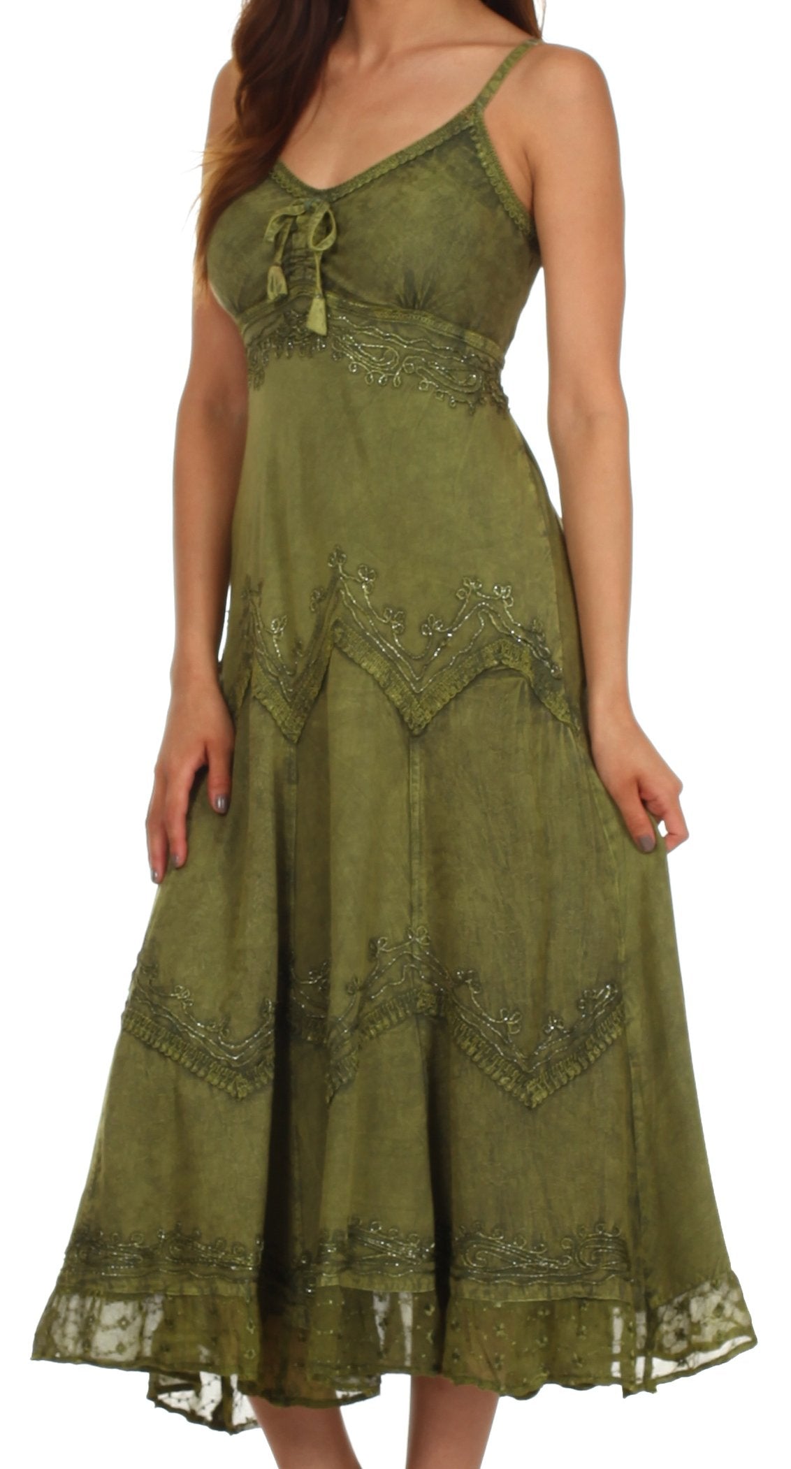 Sakkas Stonewashed Rayon Embroidered Adjustable Spaghetti Straps Long Dress - Concordia Style Boutique