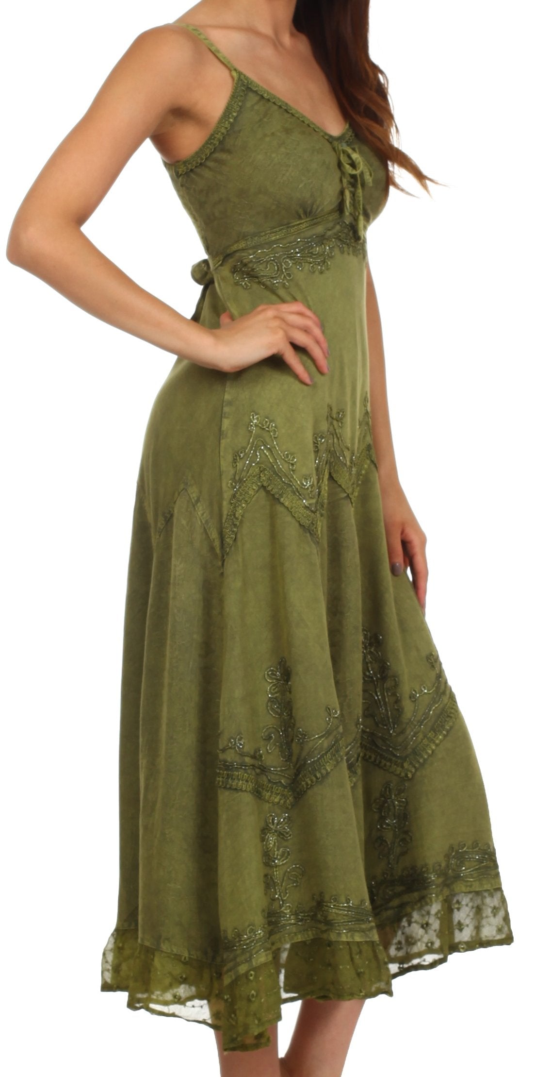 Sakkas Stonewashed Rayon Embroidered Adjustable Spaghetti Straps Long Dress - Concordia Style Boutique