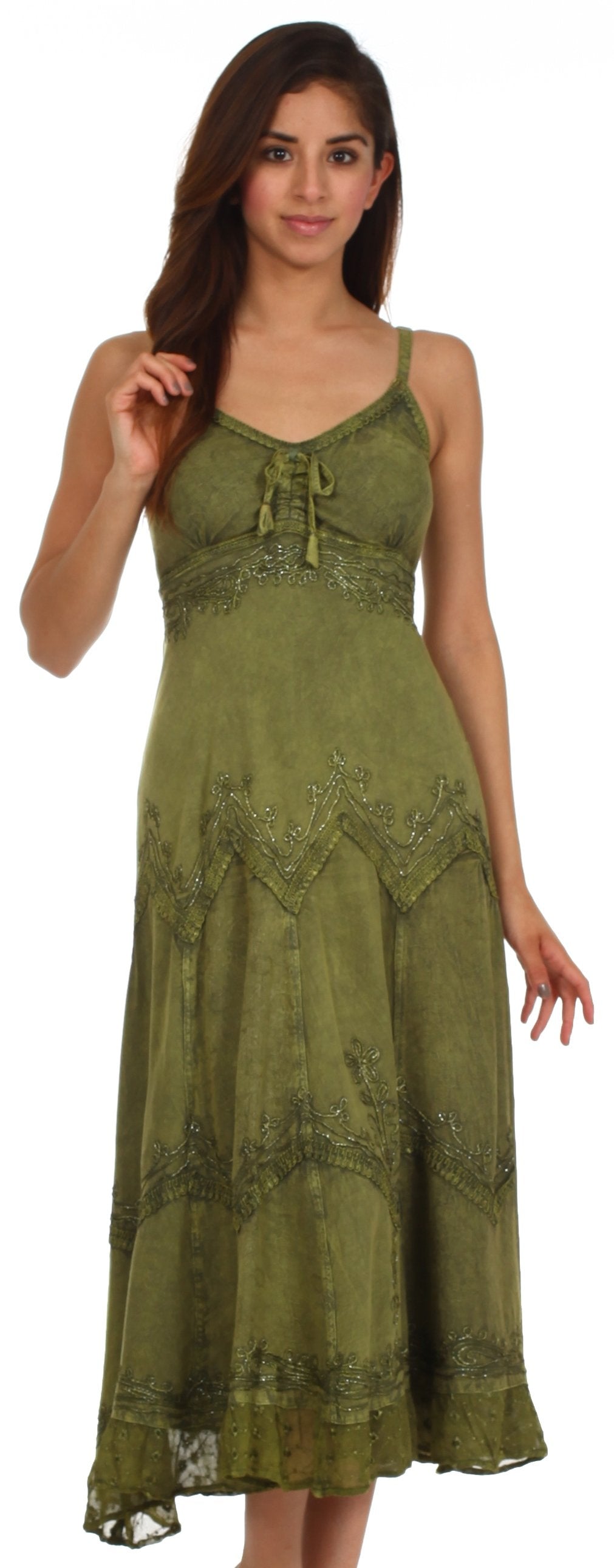 Sakkas Stonewashed Rayon Embroidered Adjustable Spaghetti Straps Long Dress - Concordia Style Boutique