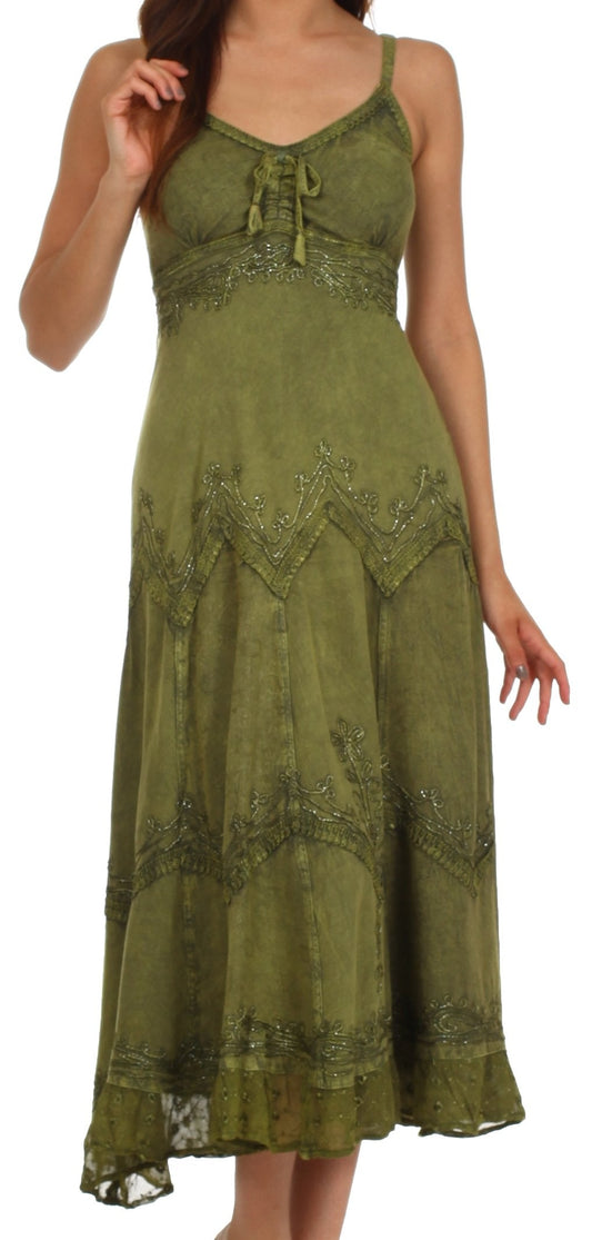 Sakkas Stonewashed Rayon Embroidered Adjustable Spaghetti Straps Long Dress - Concordia Style Boutique