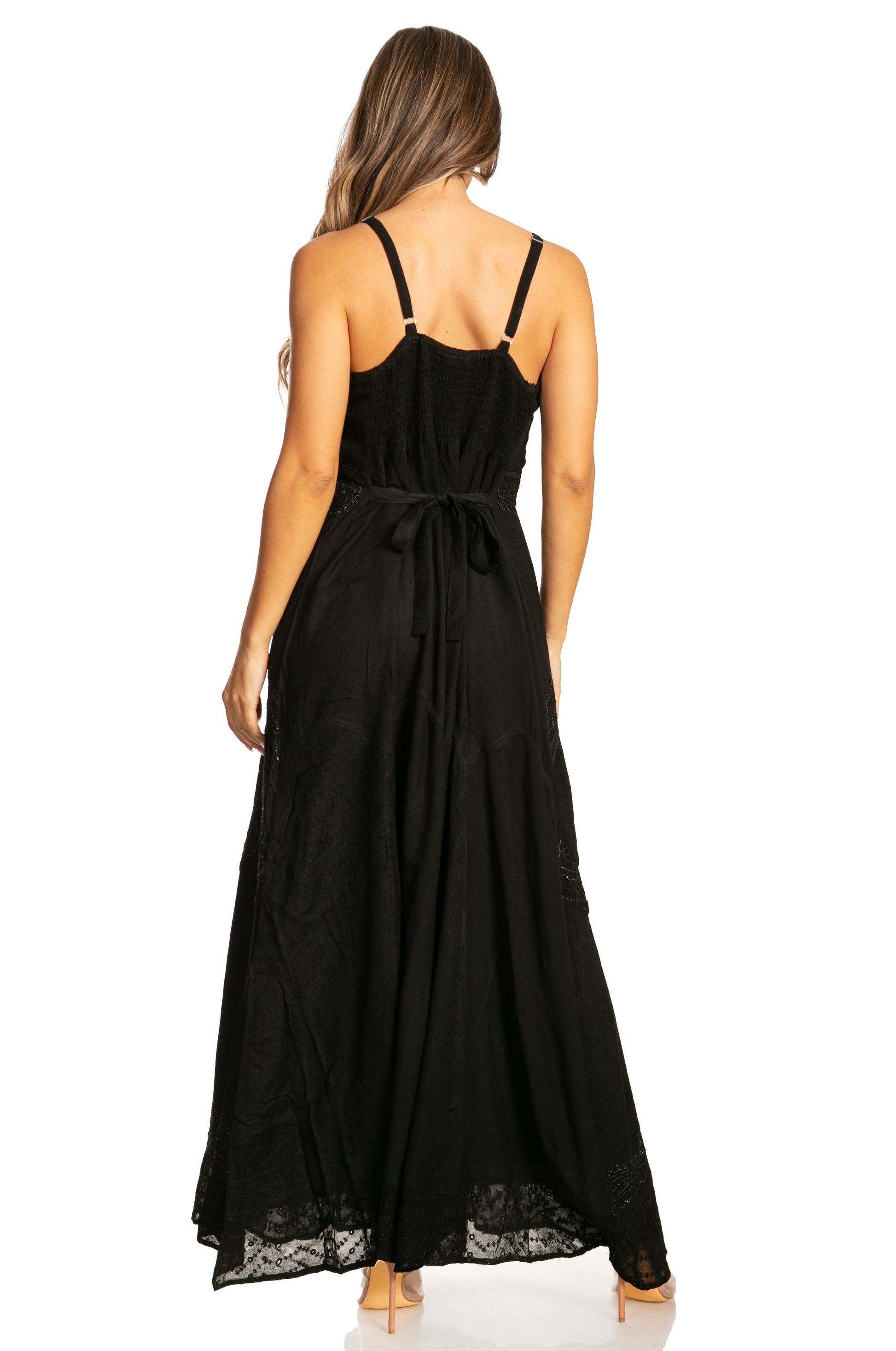 Sakkas Stonewashed Rayon Embroidered Adjustable Spaghetti Straps Long Dress - Concordia Style Boutique