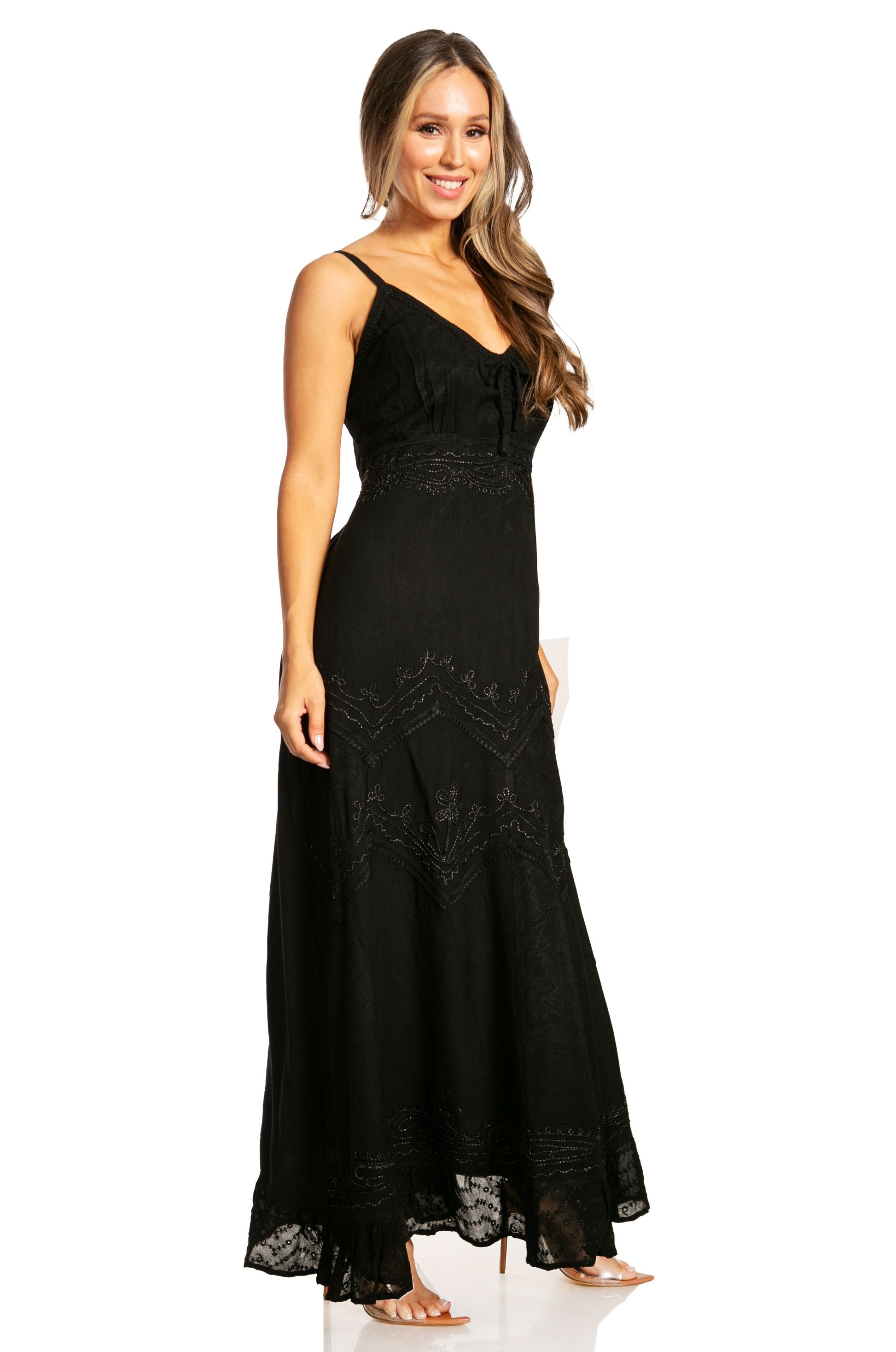 Sakkas Stonewashed Rayon Embroidered Adjustable Spaghetti Straps Long Dress - Concordia Style Boutique