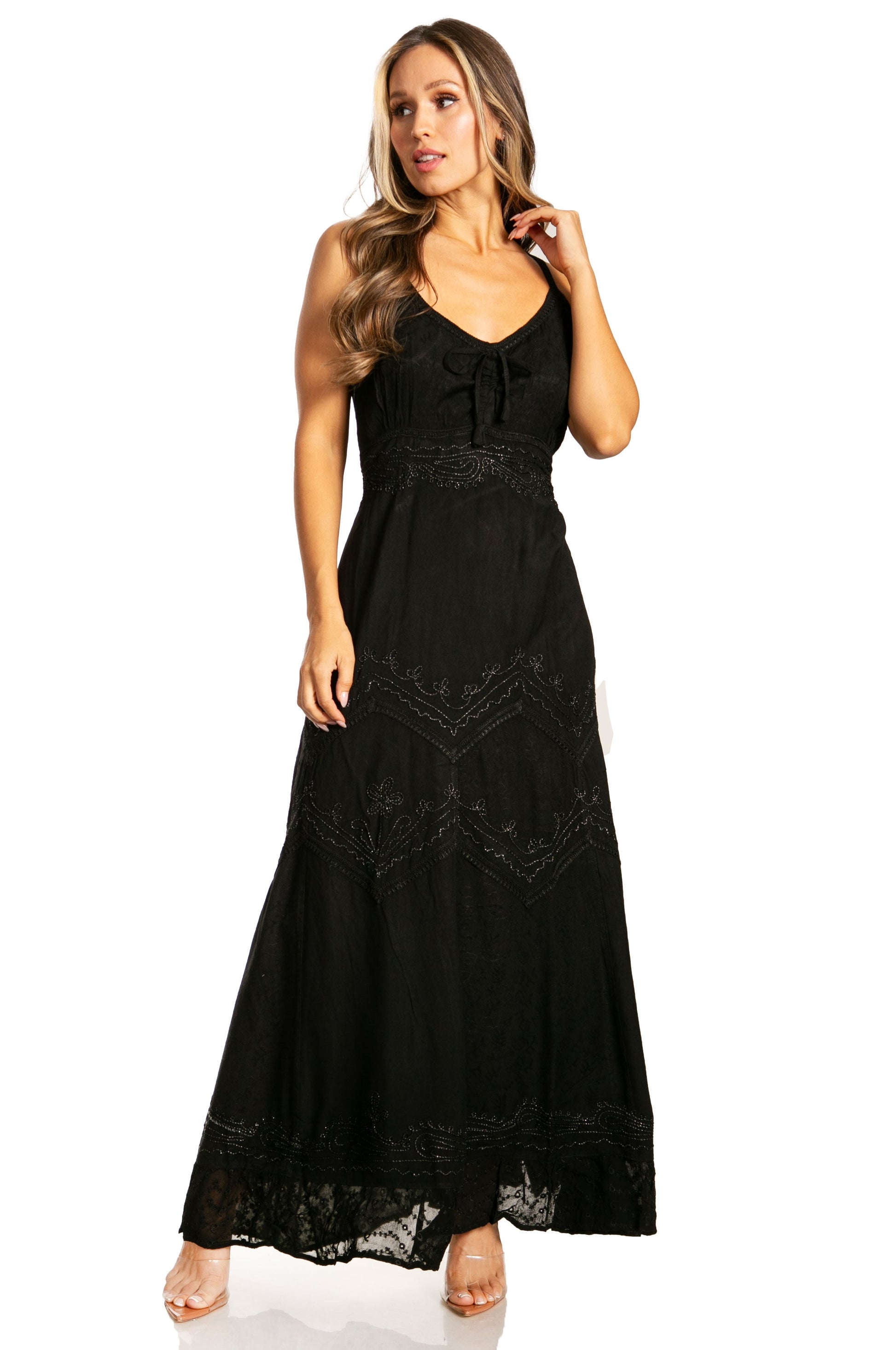 Sakkas Stonewashed Rayon Embroidered Adjustable Spaghetti Straps Long Dress - Concordia Style Boutique