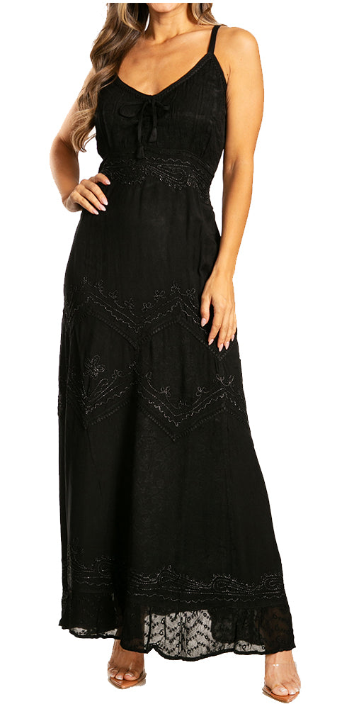 Sakkas Stonewashed Rayon Embroidered Adjustable Spaghetti Straps Long Dress - Concordia Style Boutique