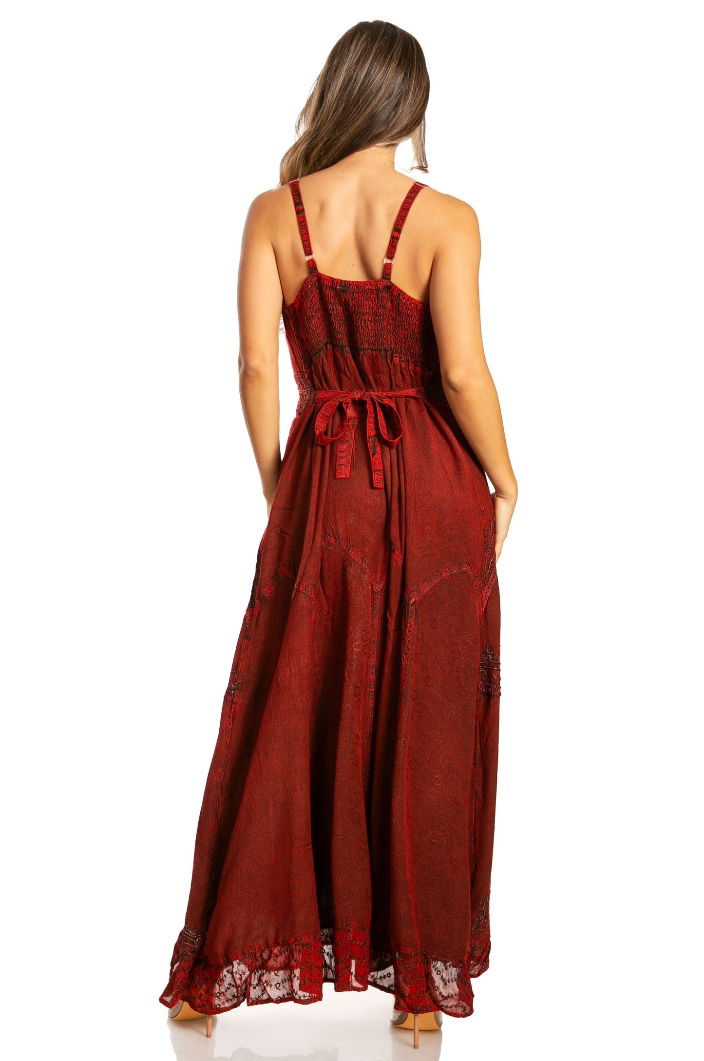 Sakkas Stonewashed Rayon Embroidered Adjustable Spaghetti Straps Long Dress - Concordia Style Boutique