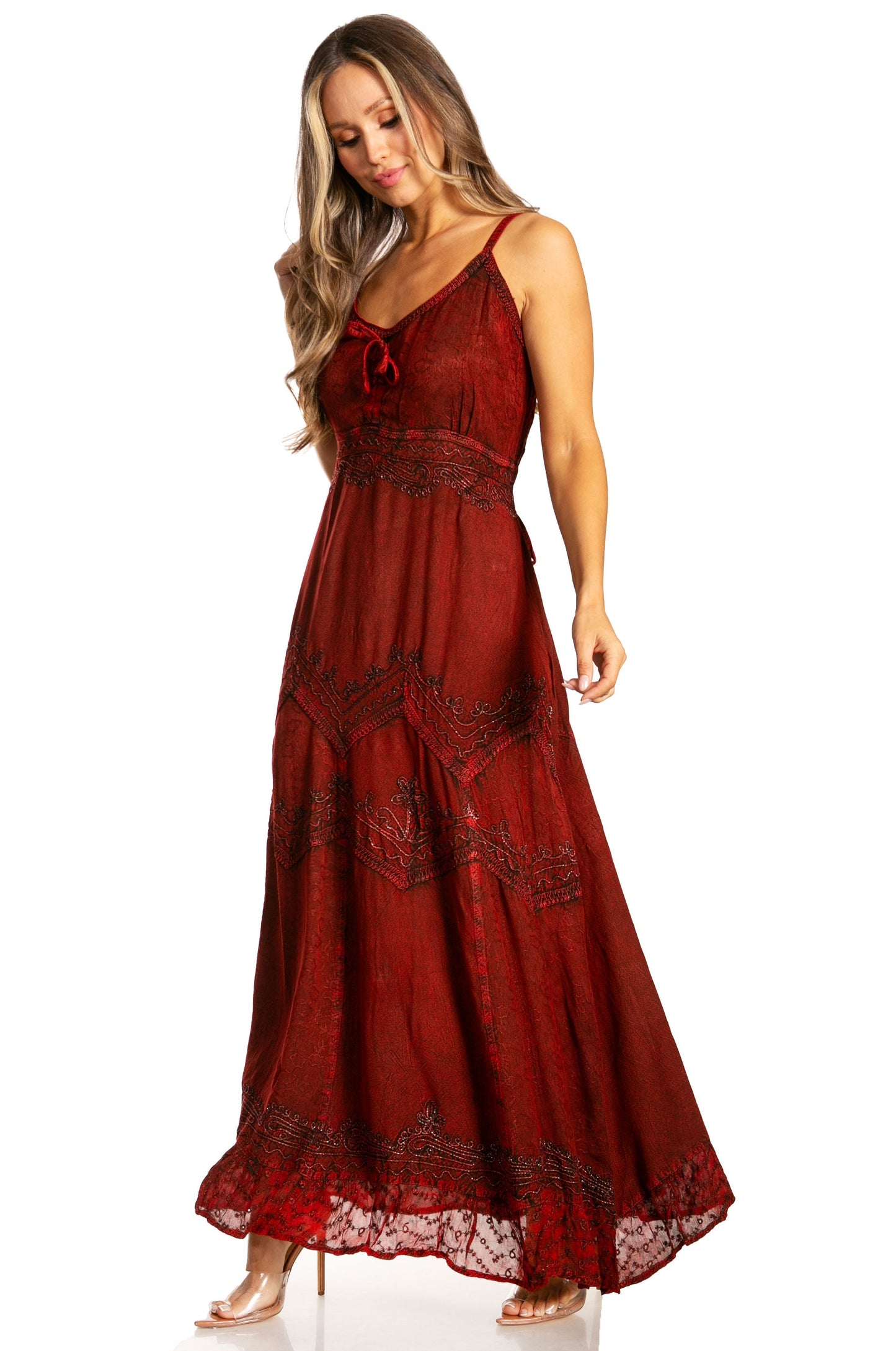 Sakkas Stonewashed Rayon Embroidered Adjustable Spaghetti Straps Long Dress - Concordia Style Boutique