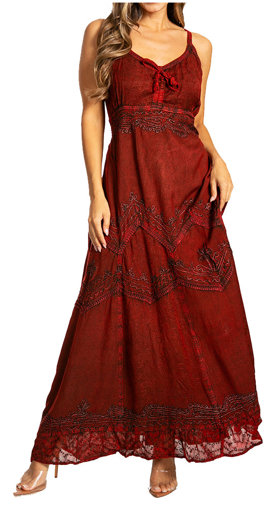 Sakkas Stonewashed Rayon Embroidered Adjustable Spaghetti Straps Long Dress - Concordia Style Boutique