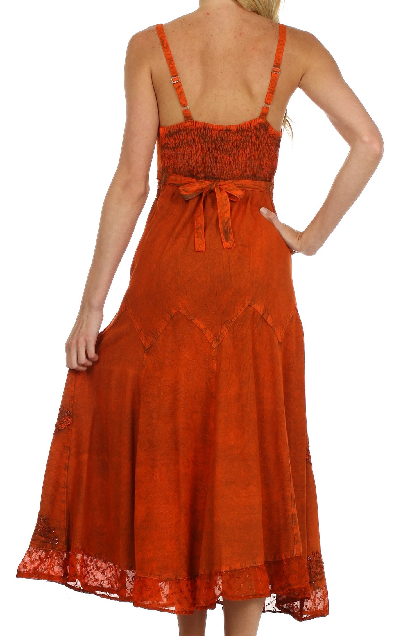 Sakkas Stonewashed Rayon Embroidered Adjustable Spaghetti Straps Long Dress - Concordia Style Boutique