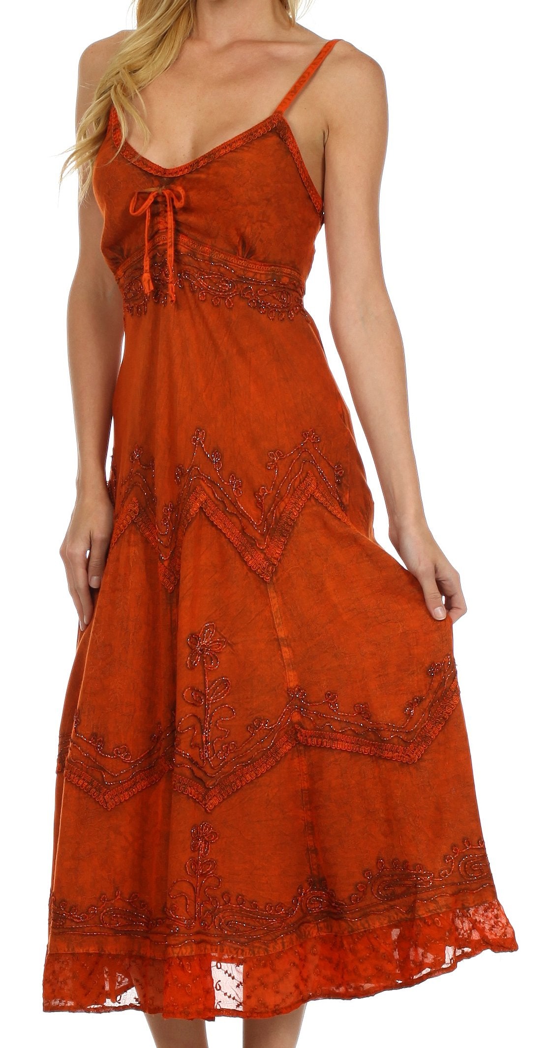 Sakkas Stonewashed Rayon Embroidered Adjustable Spaghetti Straps Long Dress - Concordia Style Boutique