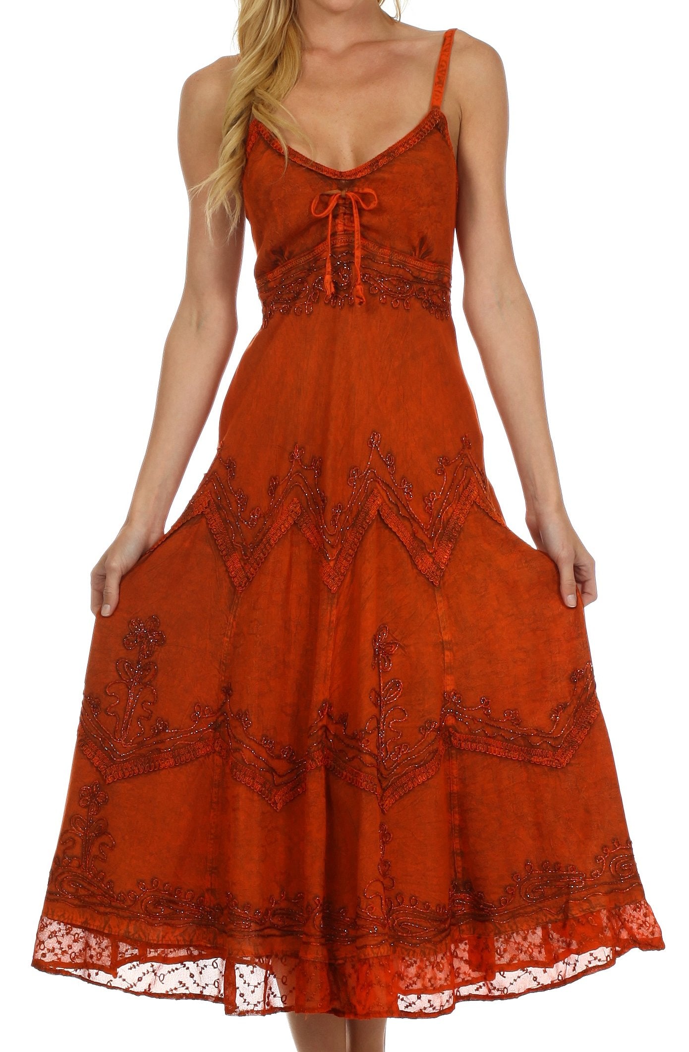 Sakkas Stonewashed Rayon Embroidered Adjustable Spaghetti Straps Long Dress - Concordia Style Boutique