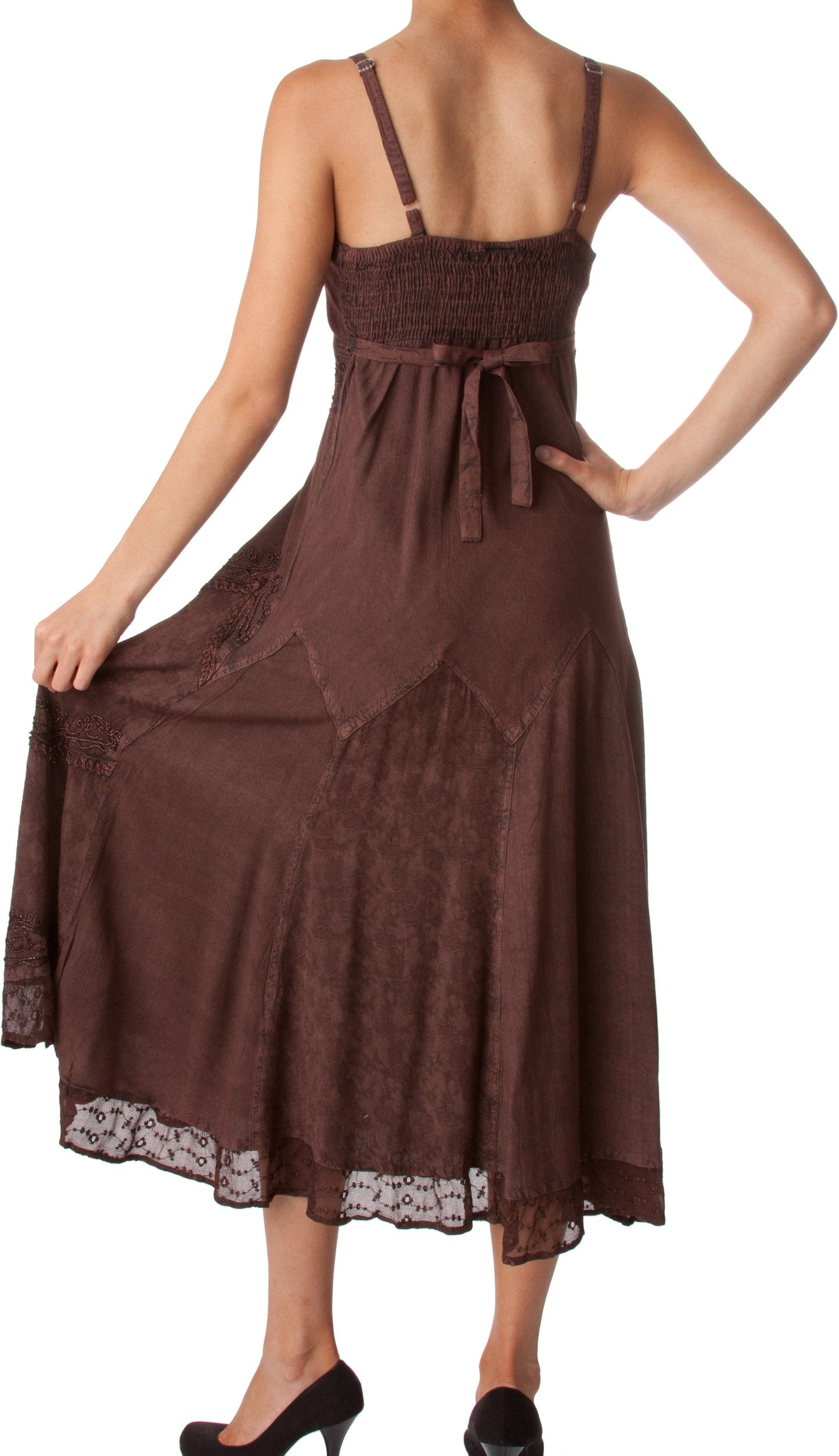 Sakkas Stonewashed Rayon Embroidered Adjustable Spaghetti Straps Long Dress - Concordia Style Boutique