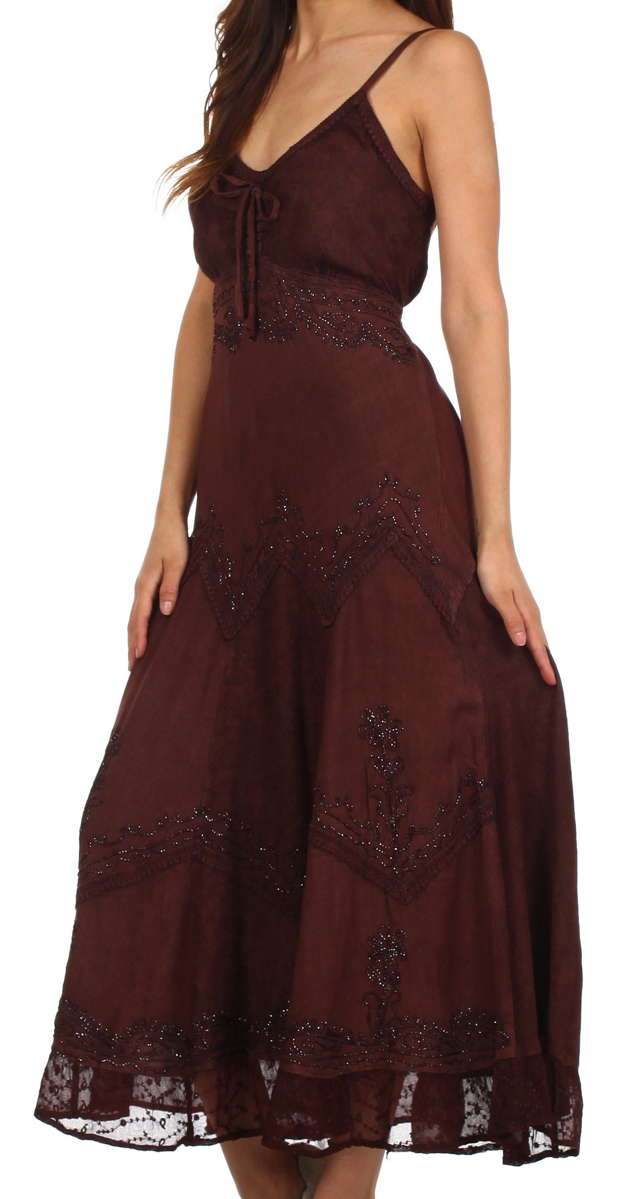 Sakkas Stonewashed Rayon Embroidered Adjustable Spaghetti Straps Long Dress - Concordia Style Boutique