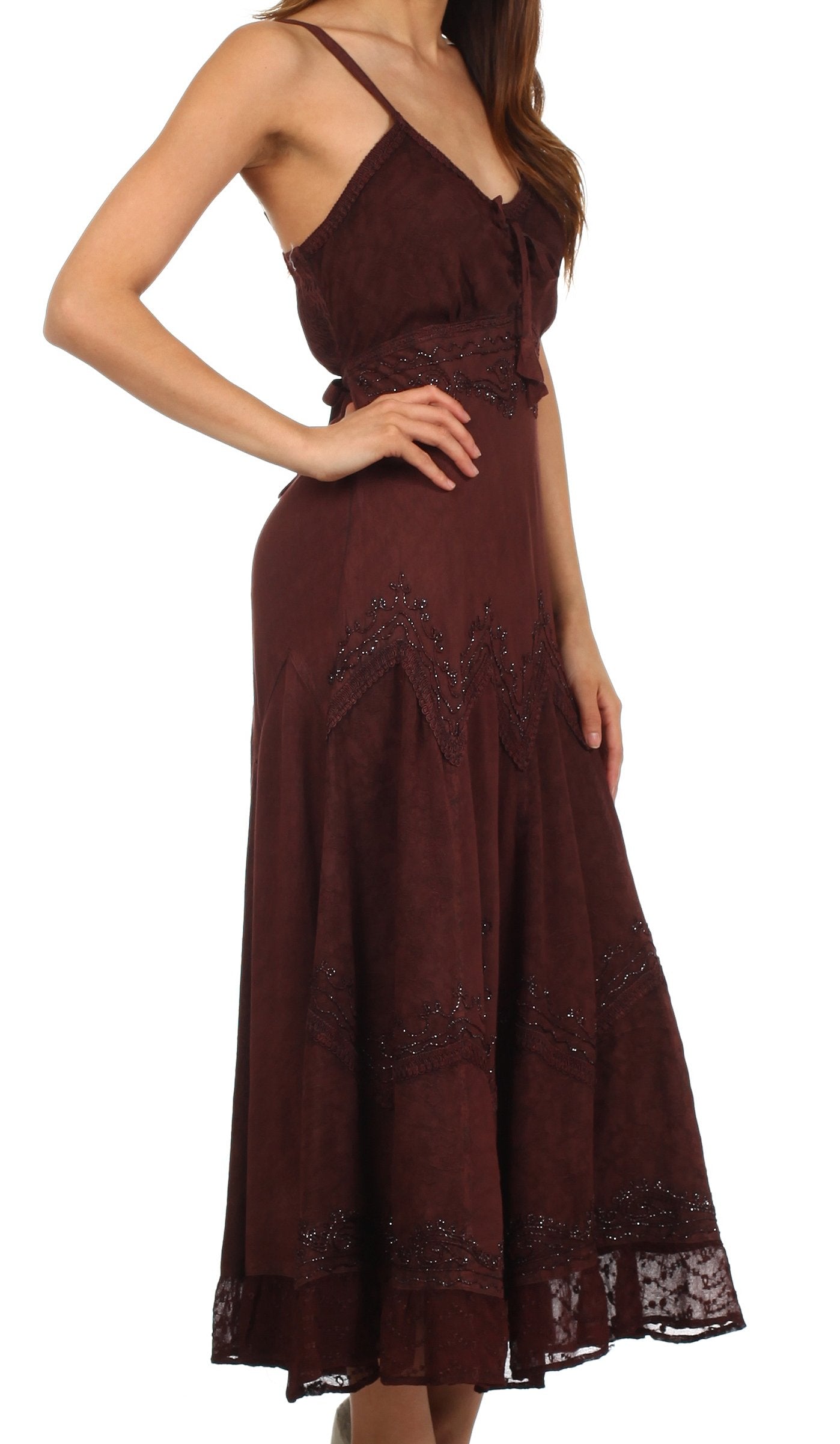 Sakkas Stonewashed Rayon Embroidered Adjustable Spaghetti Straps Long Dress - Concordia Style Boutique