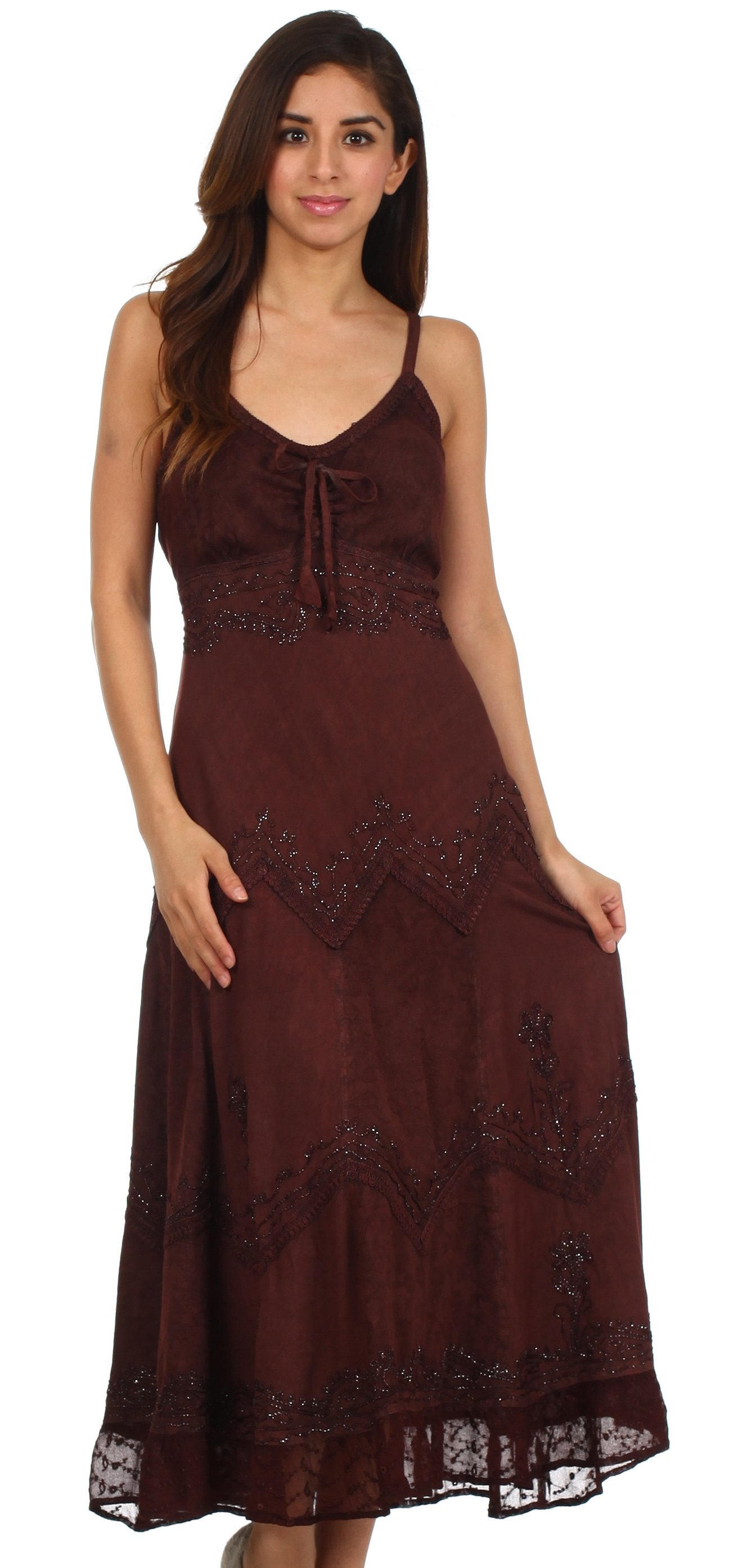 Sakkas Stonewashed Rayon Embroidered Adjustable Spaghetti Straps Long Dress - Concordia Style Boutique