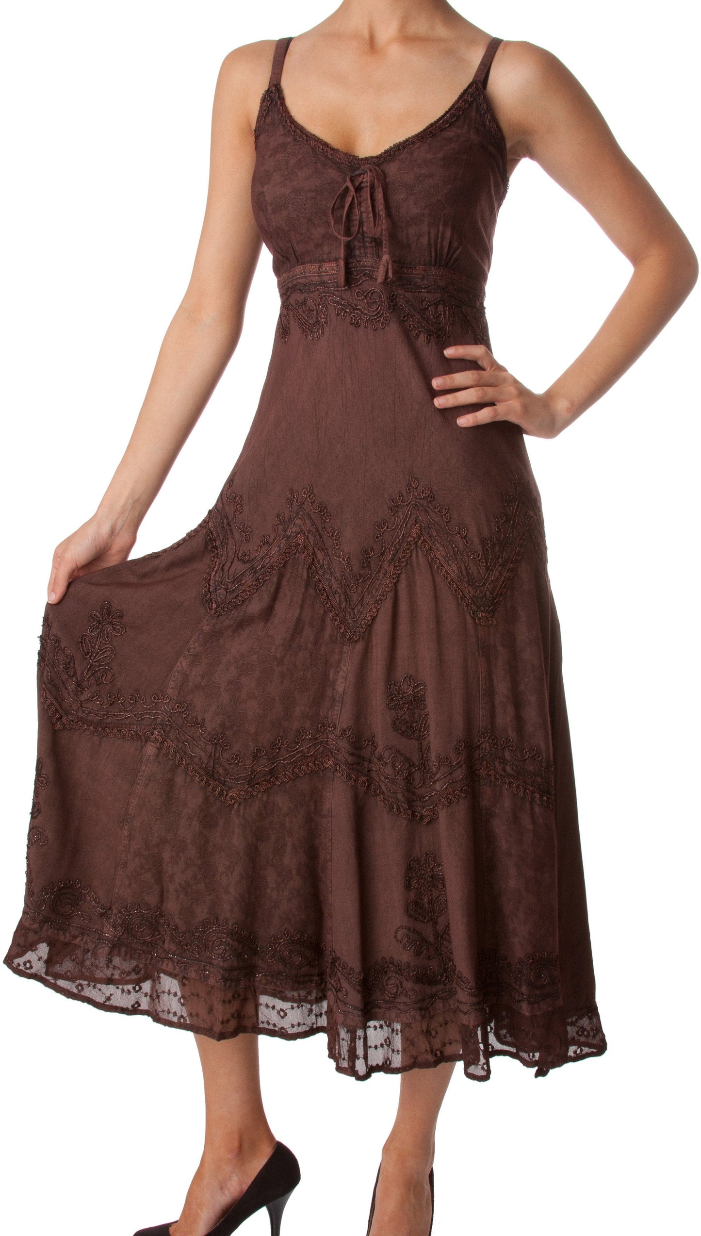Sakkas Stonewashed Rayon Embroidered Adjustable Spaghetti Straps Long Dress - Concordia Style Boutique
