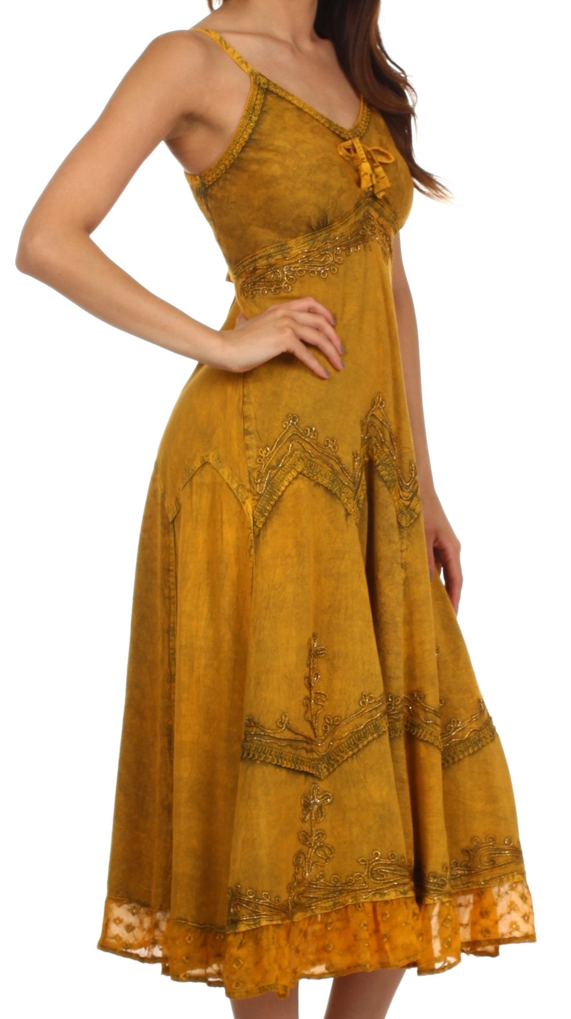 Sakkas Stonewashed Rayon Embroidered Adjustable Spaghetti Straps Long Dress - Concordia Style Boutique