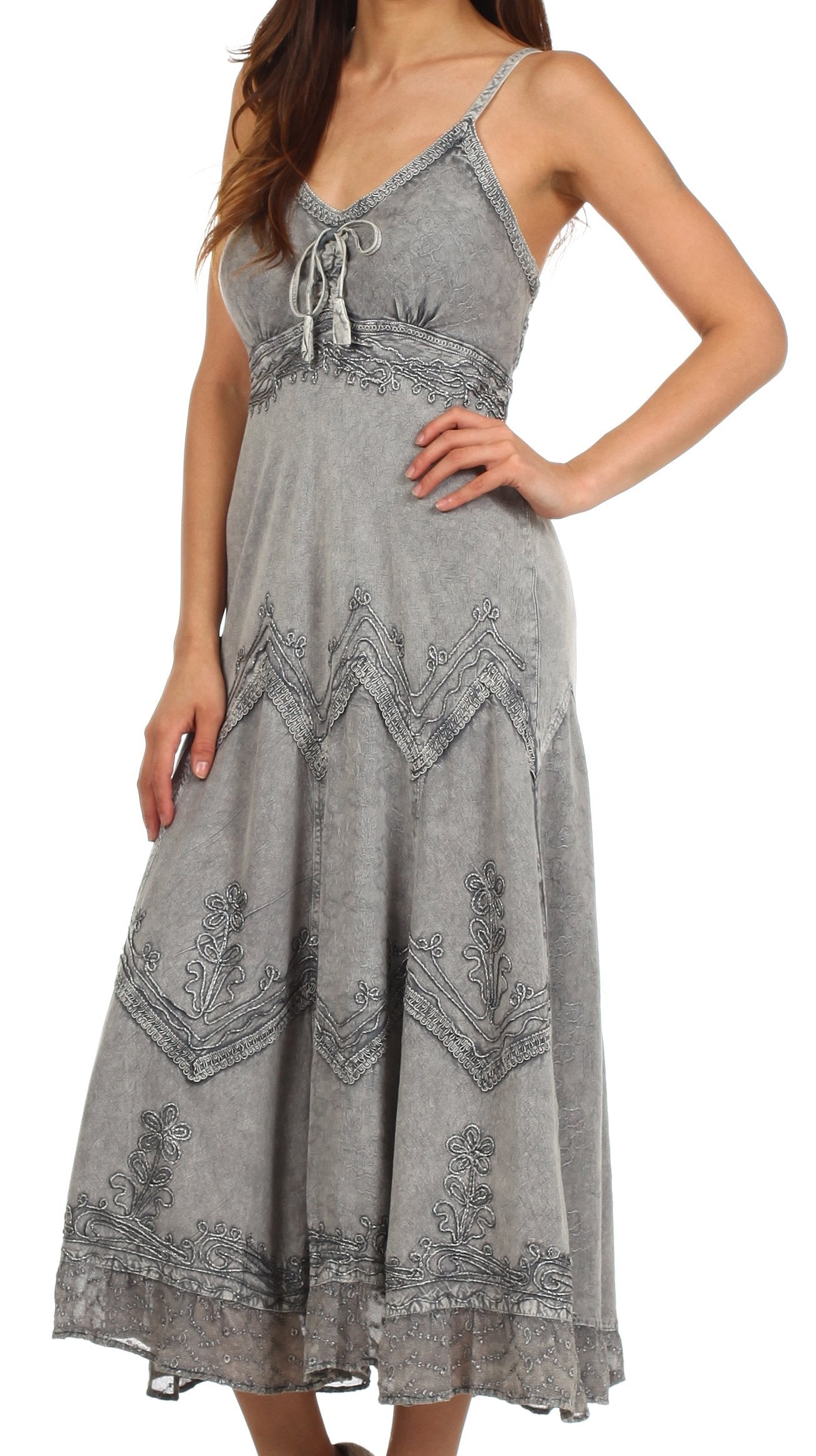 Sakkas Stonewashed Rayon Embroidered Adjustable Spaghetti Straps Long Dress - Concordia Style Boutique
