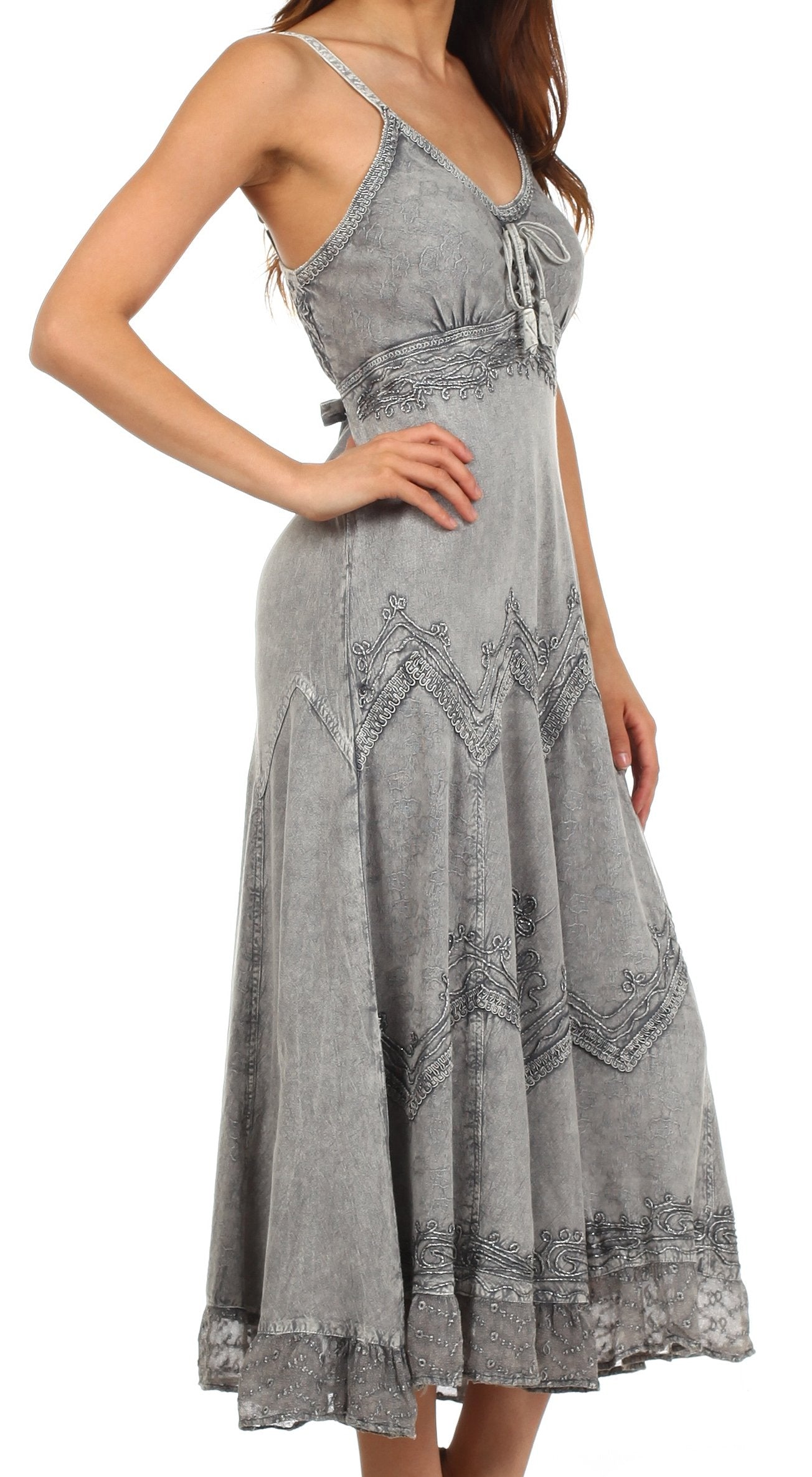 Sakkas Stonewashed Rayon Embroidered Adjustable Spaghetti Straps Long Dress - Concordia Style Boutique