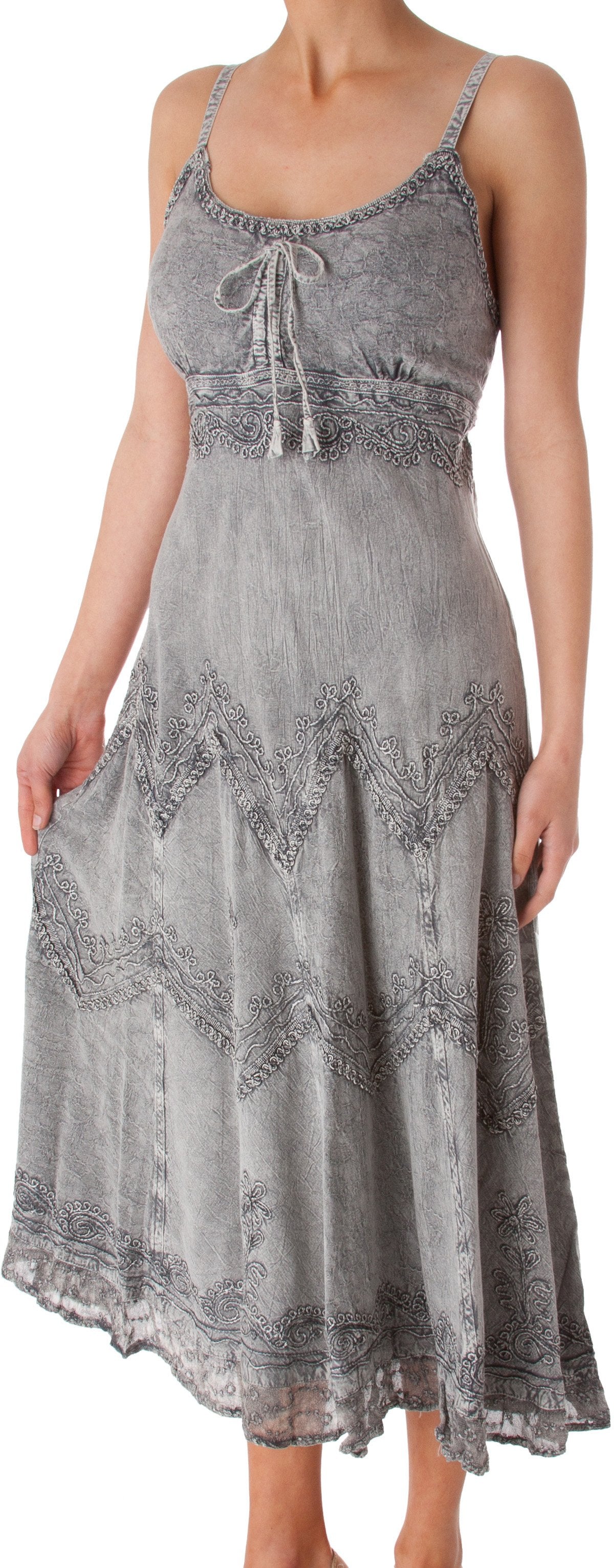 Sakkas Stonewashed Rayon Embroidered Adjustable Spaghetti Straps Long Dress - Concordia Style Boutique