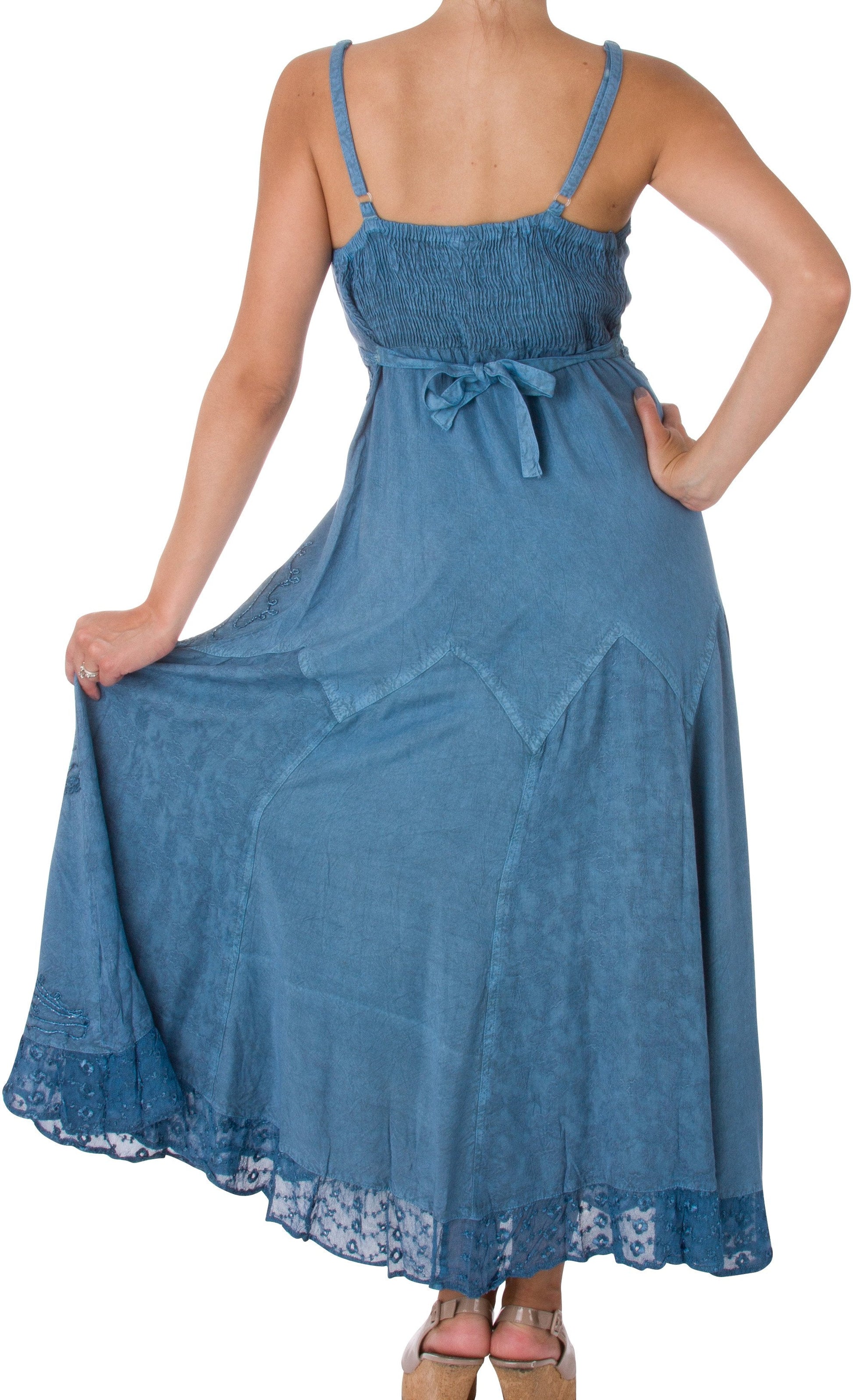 Sakkas Stonewashed Rayon Embroidered Adjustable Spaghetti Straps Long Dress - Concordia Style Boutique