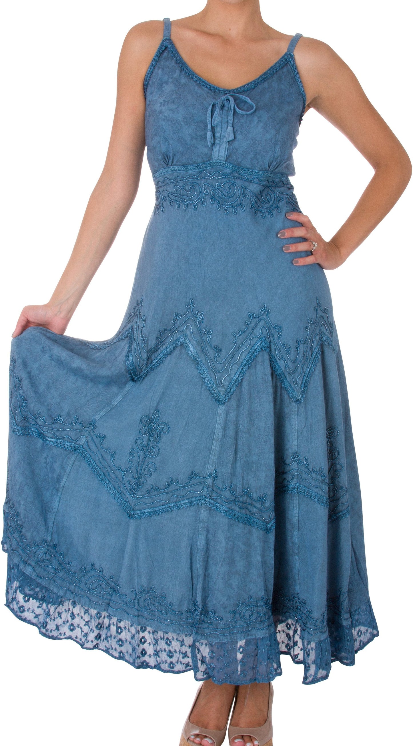 Sakkas Stonewashed Rayon Embroidered Adjustable Spaghetti Straps Long Dress - Concordia Style Boutique