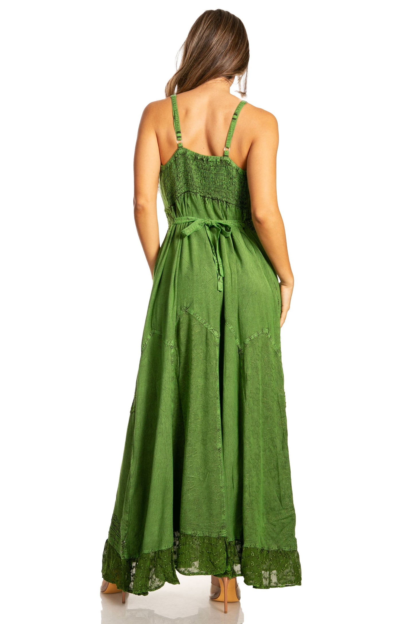 Sakkas Stonewashed Rayon Embroidered Adjustable Spaghetti Straps Long Dress - Concordia Style Boutique