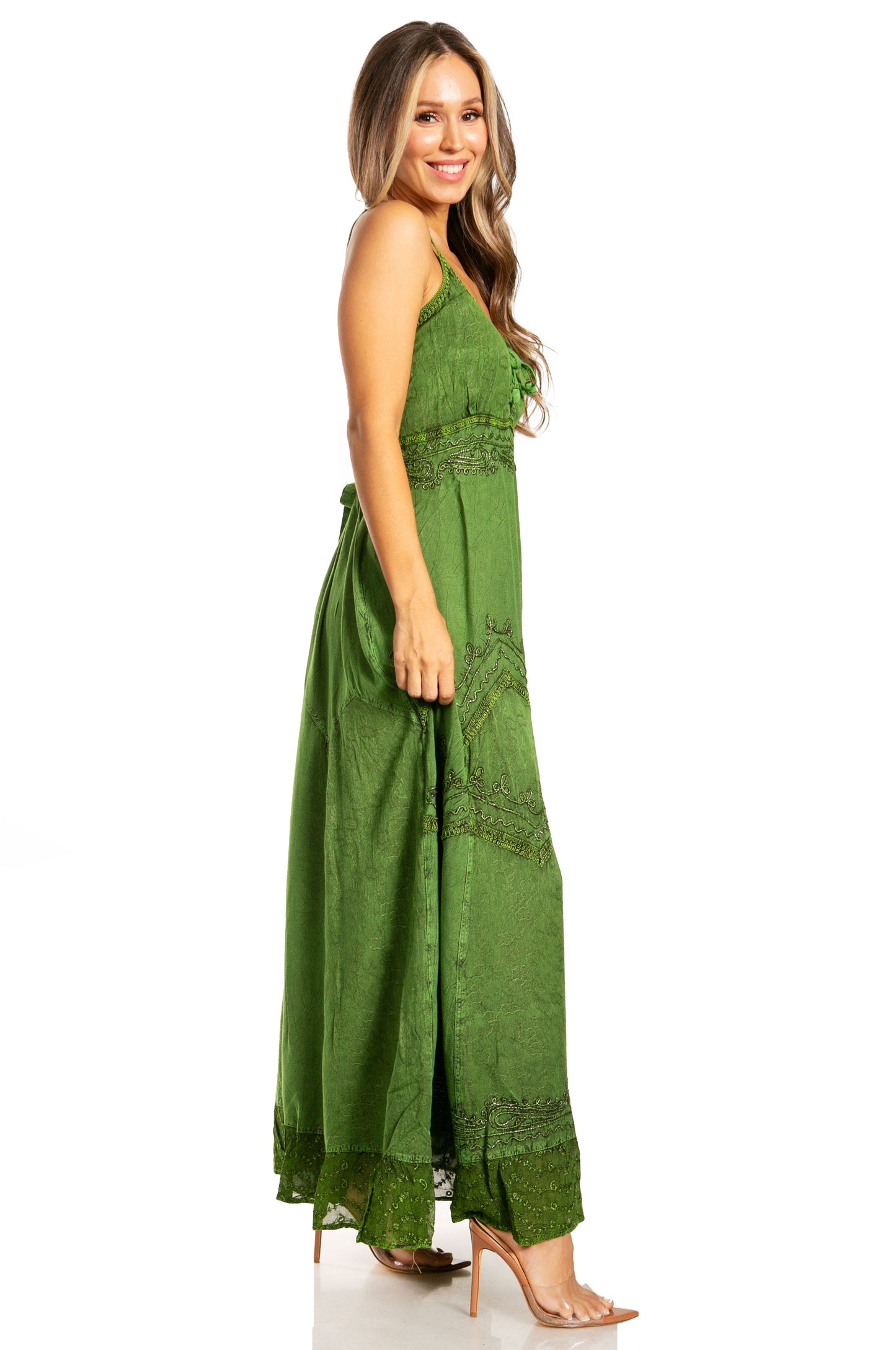 Sakkas Stonewashed Rayon Embroidered Adjustable Spaghetti Straps Long Dress - Concordia Style Boutique