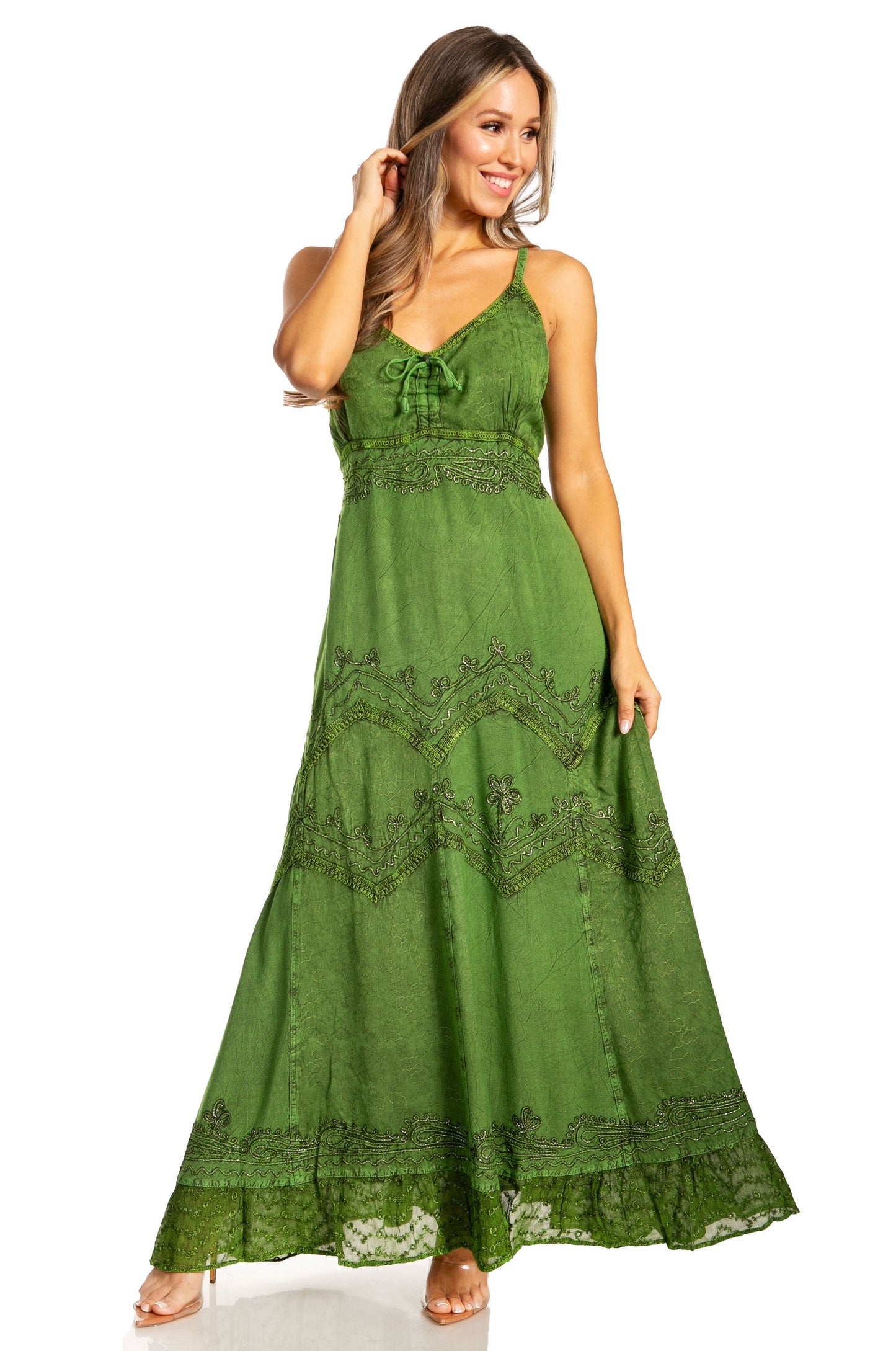 Sakkas Stonewashed Rayon Embroidered Adjustable Spaghetti Straps Long Dress - Concordia Style Boutique