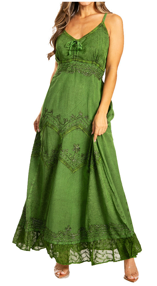Sakkas Stonewashed Rayon Embroidered Adjustable Spaghetti Straps Long Dress - Concordia Style Boutique