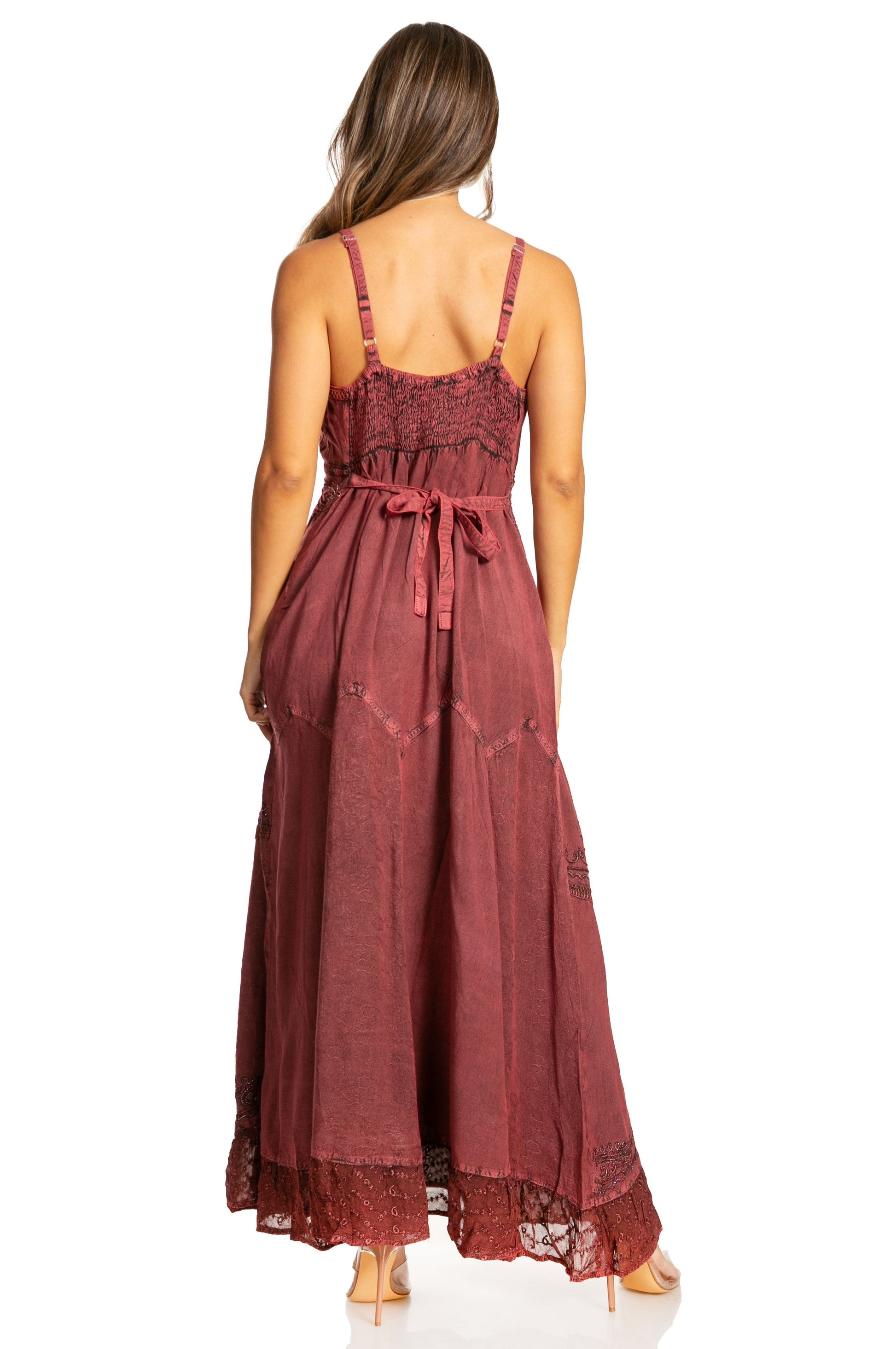 Sakkas Stonewashed Rayon Embroidered Adjustable Spaghetti Straps Long Dress - Concordia Style Boutique