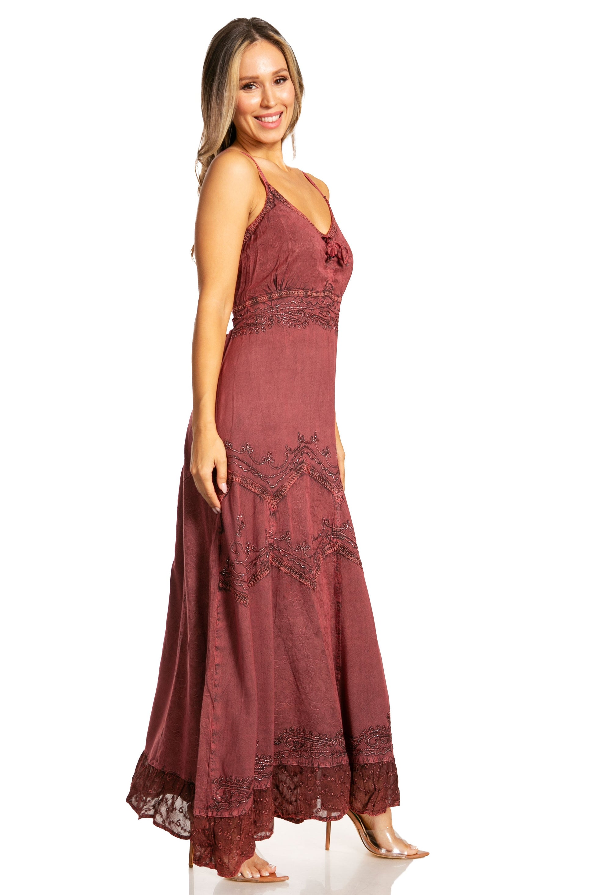 Sakkas Stonewashed Rayon Embroidered Adjustable Spaghetti Straps Long Dress - Concordia Style Boutique