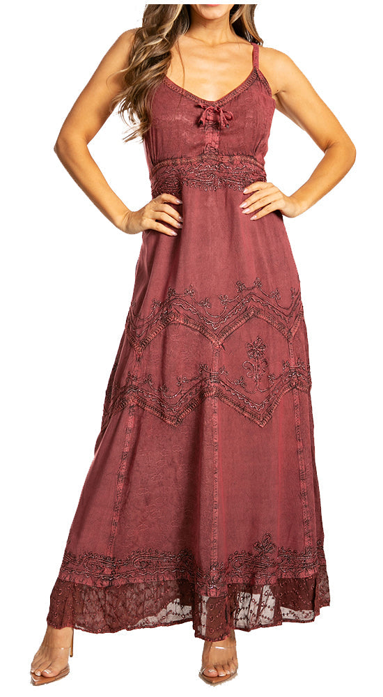 Sakkas Stonewashed Rayon Embroidered Adjustable Spaghetti Straps Long Dress - Concordia Style Boutique