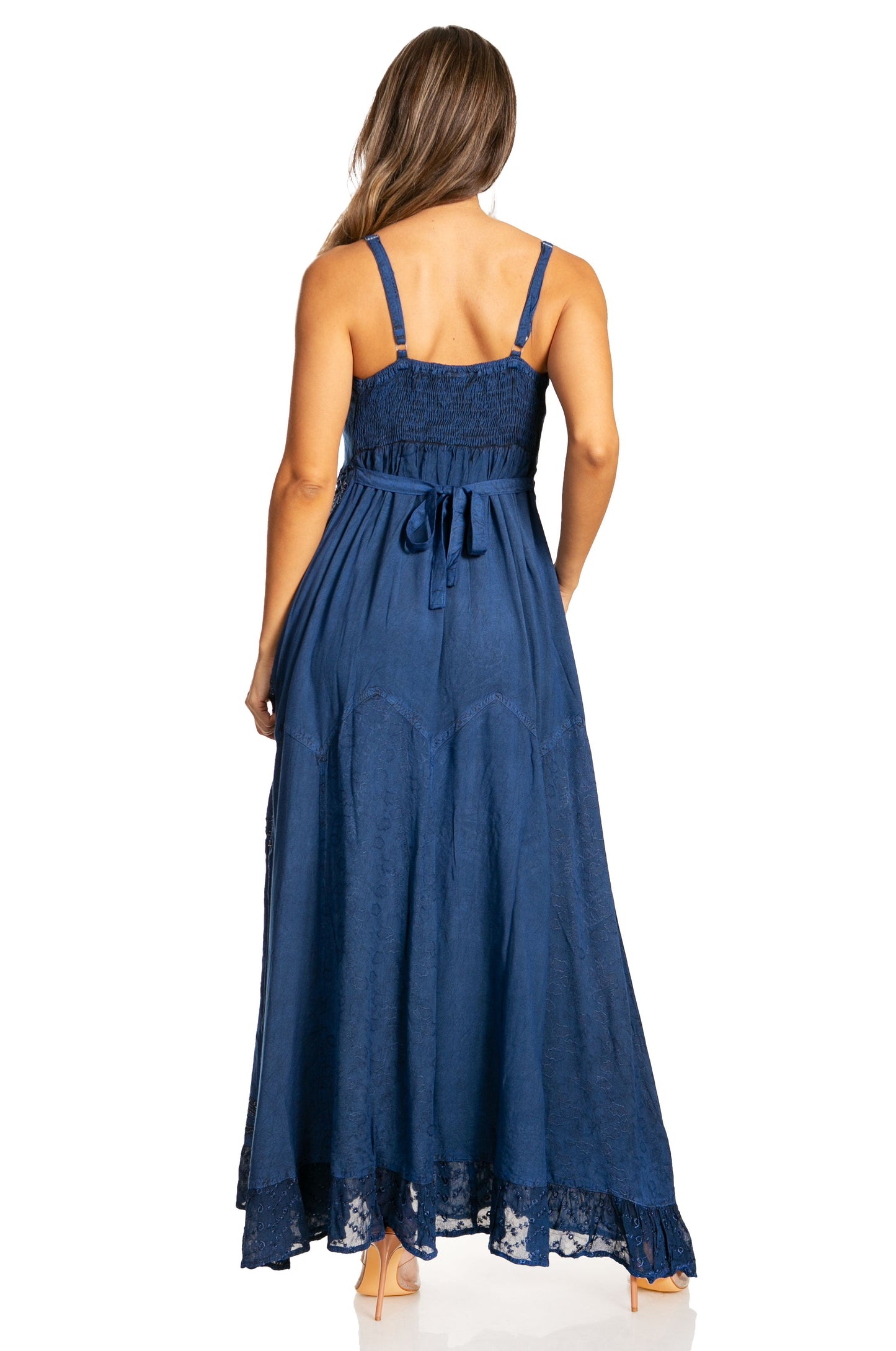 Sakkas Stonewashed Rayon Embroidered Adjustable Spaghetti Straps Long Dress - Concordia Style Boutique