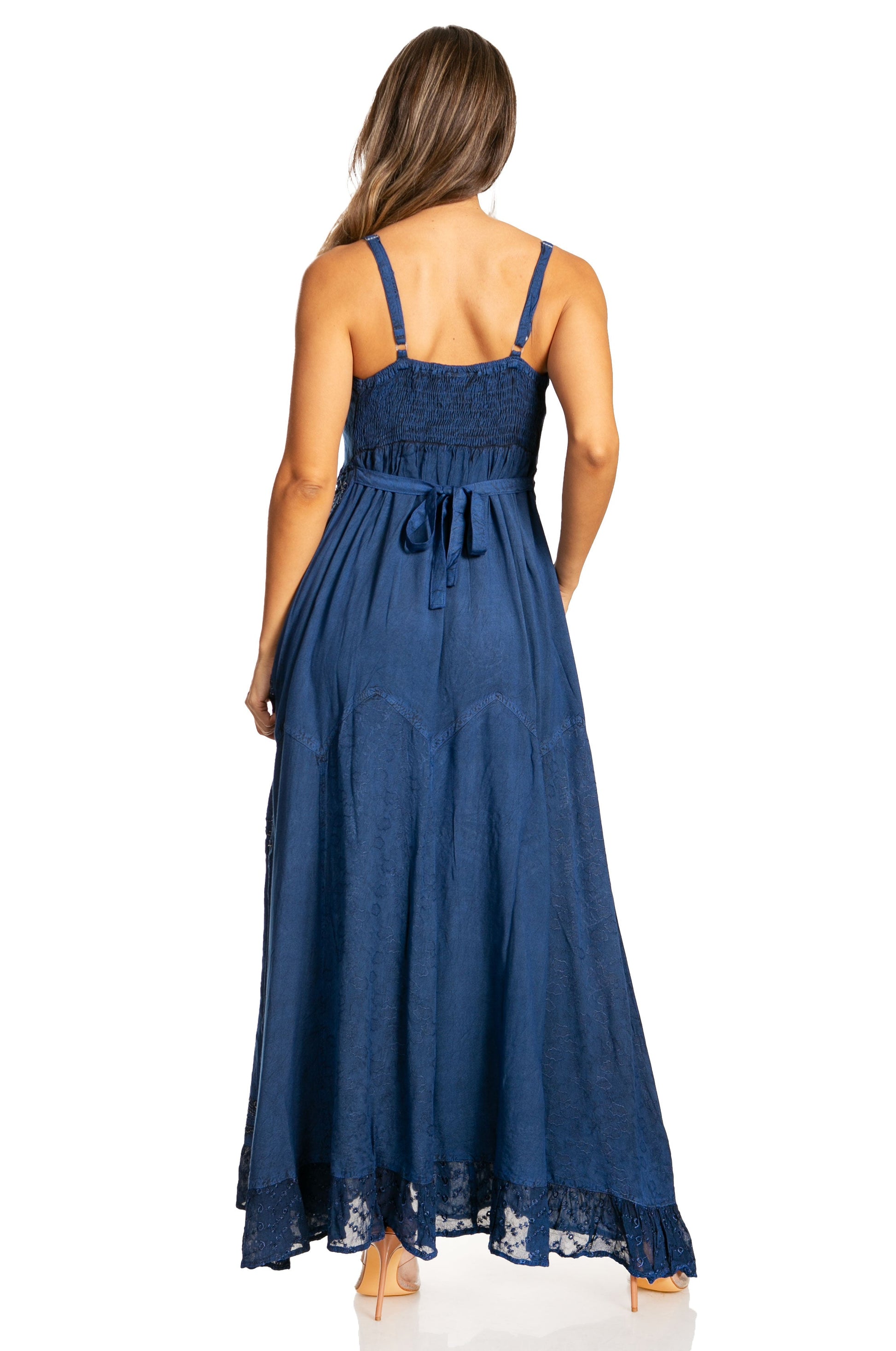 Sakkas Stonewashed Rayon Embroidered Adjustable Spaghetti Straps Long Dress - Concordia Style Boutique