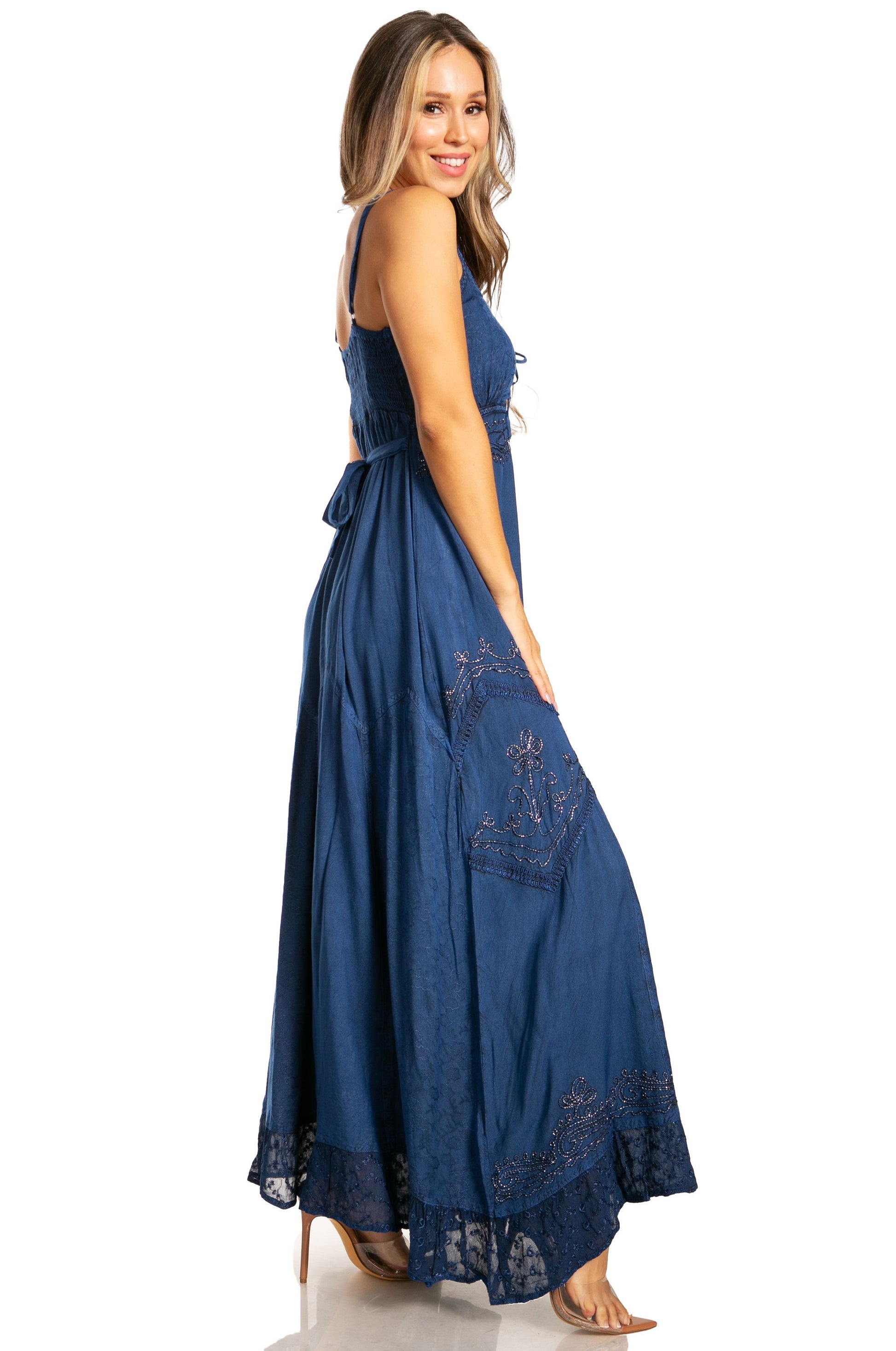 Sakkas Stonewashed Rayon Embroidered Adjustable Spaghetti Straps Long Dress - Concordia Style Boutique