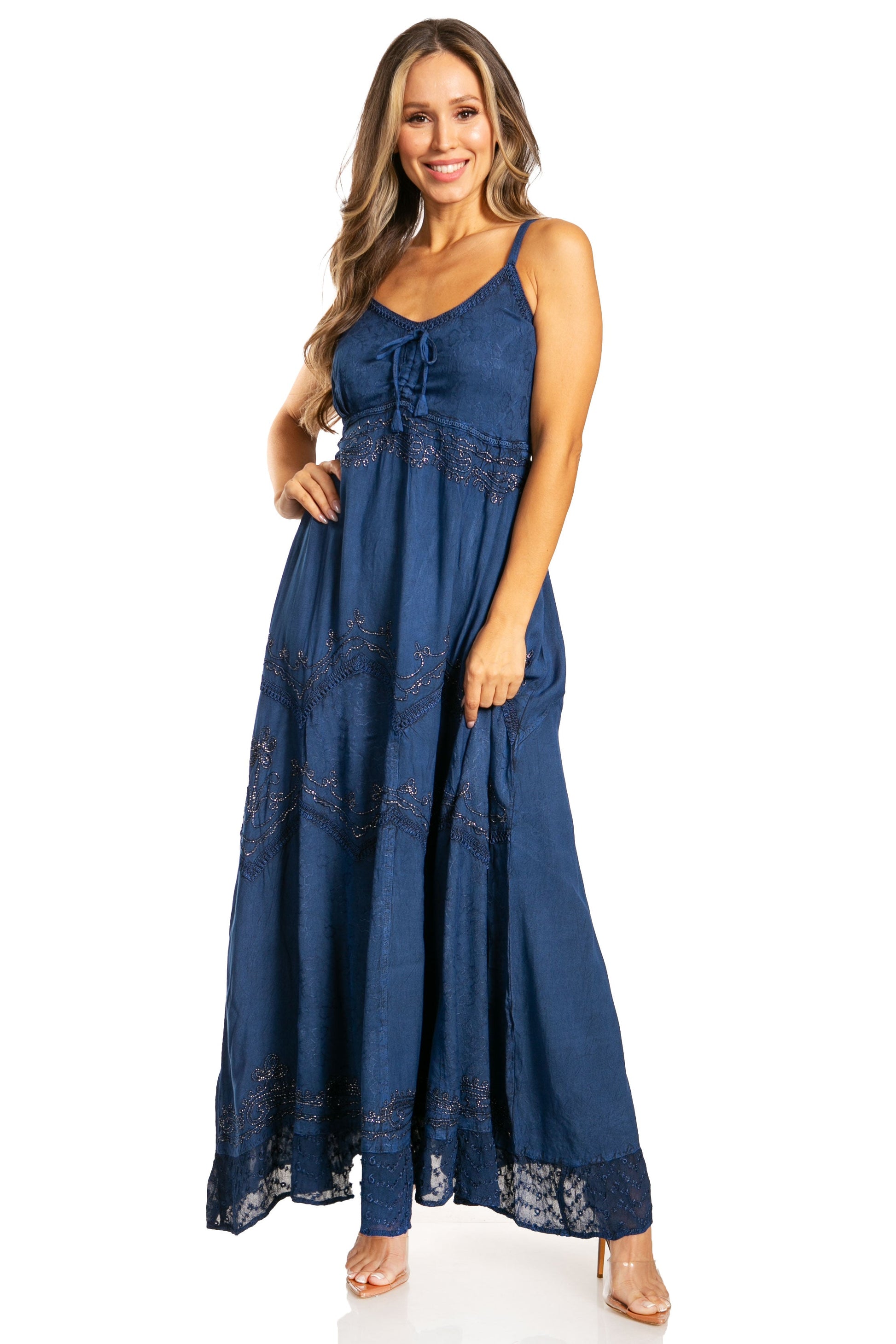 Sakkas Stonewashed Rayon Embroidered Adjustable Spaghetti Straps Long Dress - Concordia Style Boutique