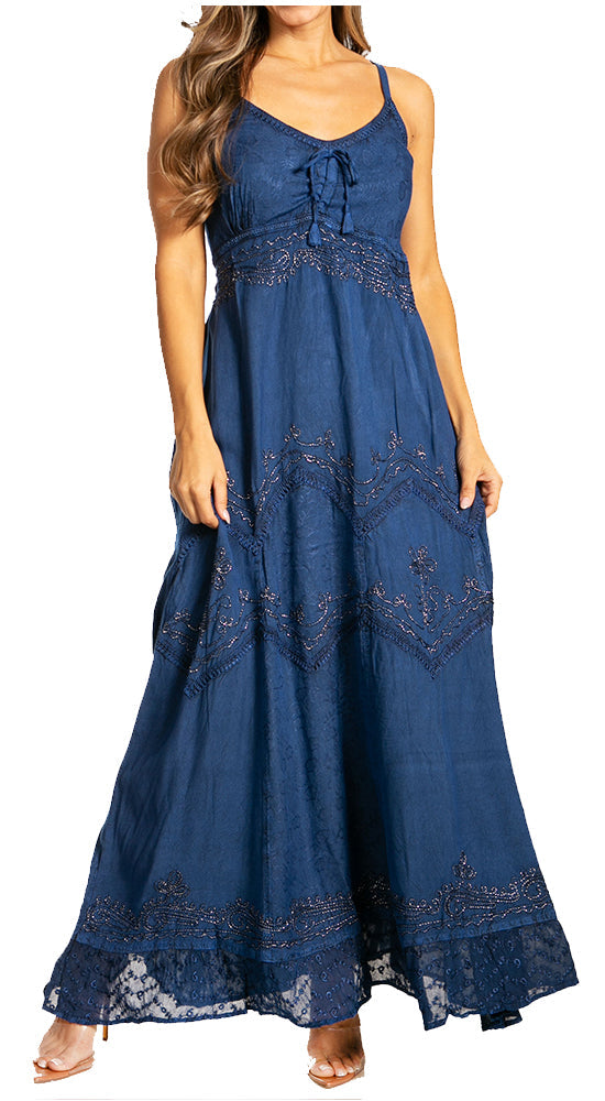 Sakkas Stonewashed Rayon Embroidered Adjustable Spaghetti Straps Long Dress - Concordia Style Boutique
